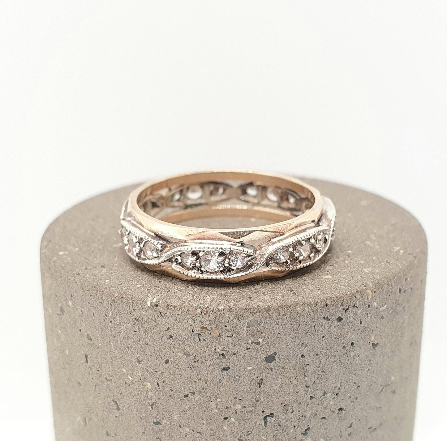 Antique Solid 9ct Gold Full Eternity Ring Wave Border White Spinel 9k 375 Band Sparkly Diamond Style Stacker Stacking Jewelry Jewellery