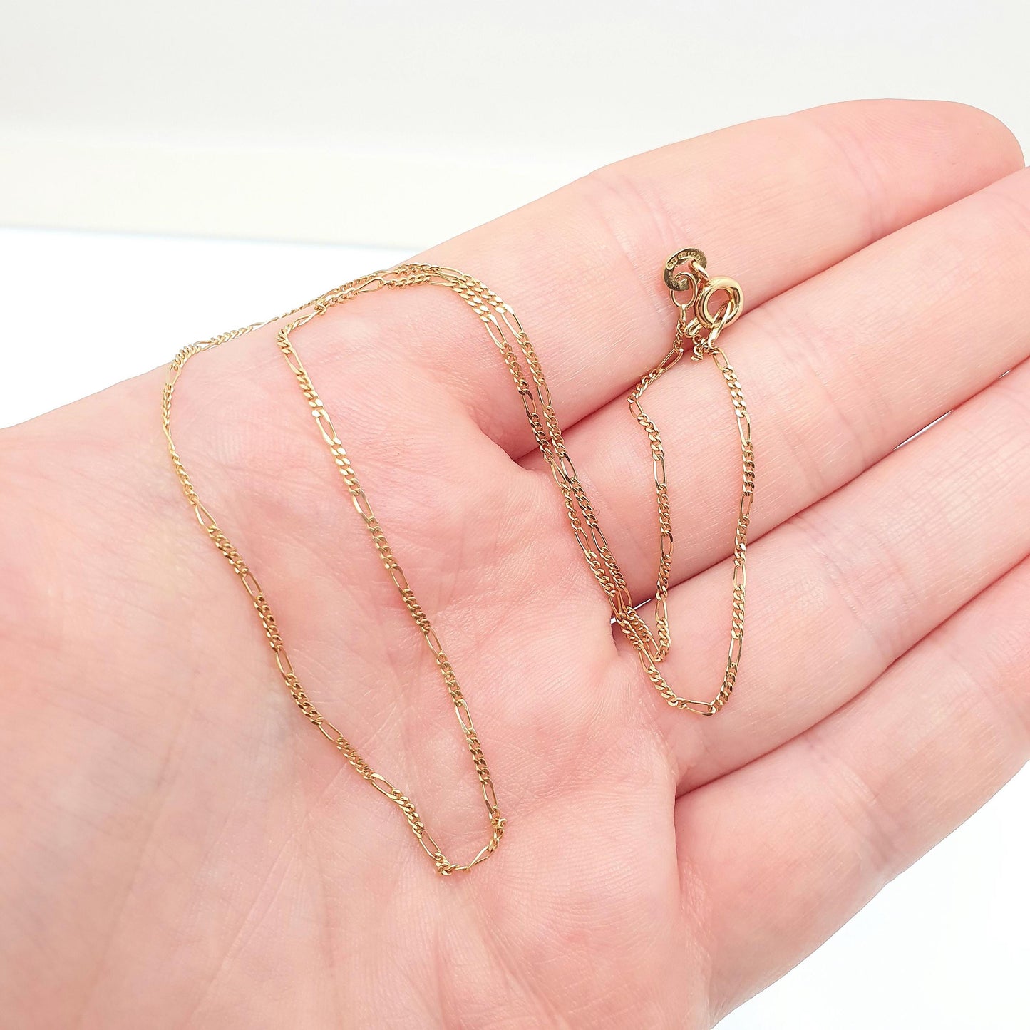 Vintage 9k 9ct Gold Figaro Link Chain Necklace 39cm 15.3" 1.41g Choker Solid 9 Carat Curb Links Yellow Womens Mens Jewellery Jewelry