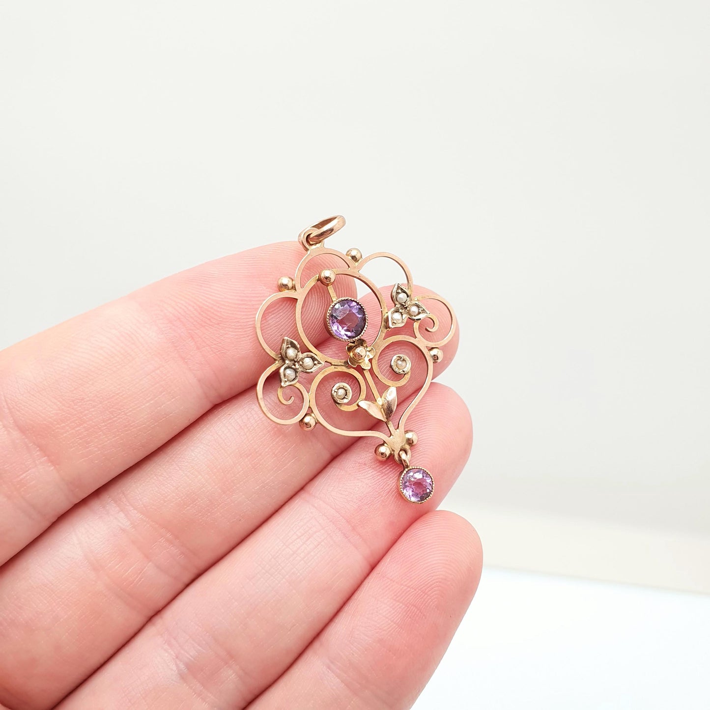 Antique 9ct 9k Gold Amethyst Pendant Seed Pearl Necklace Brooch Edwardian Solid 375 Openwork Necklace 1900s Old Vintage Jewellery Jewelry