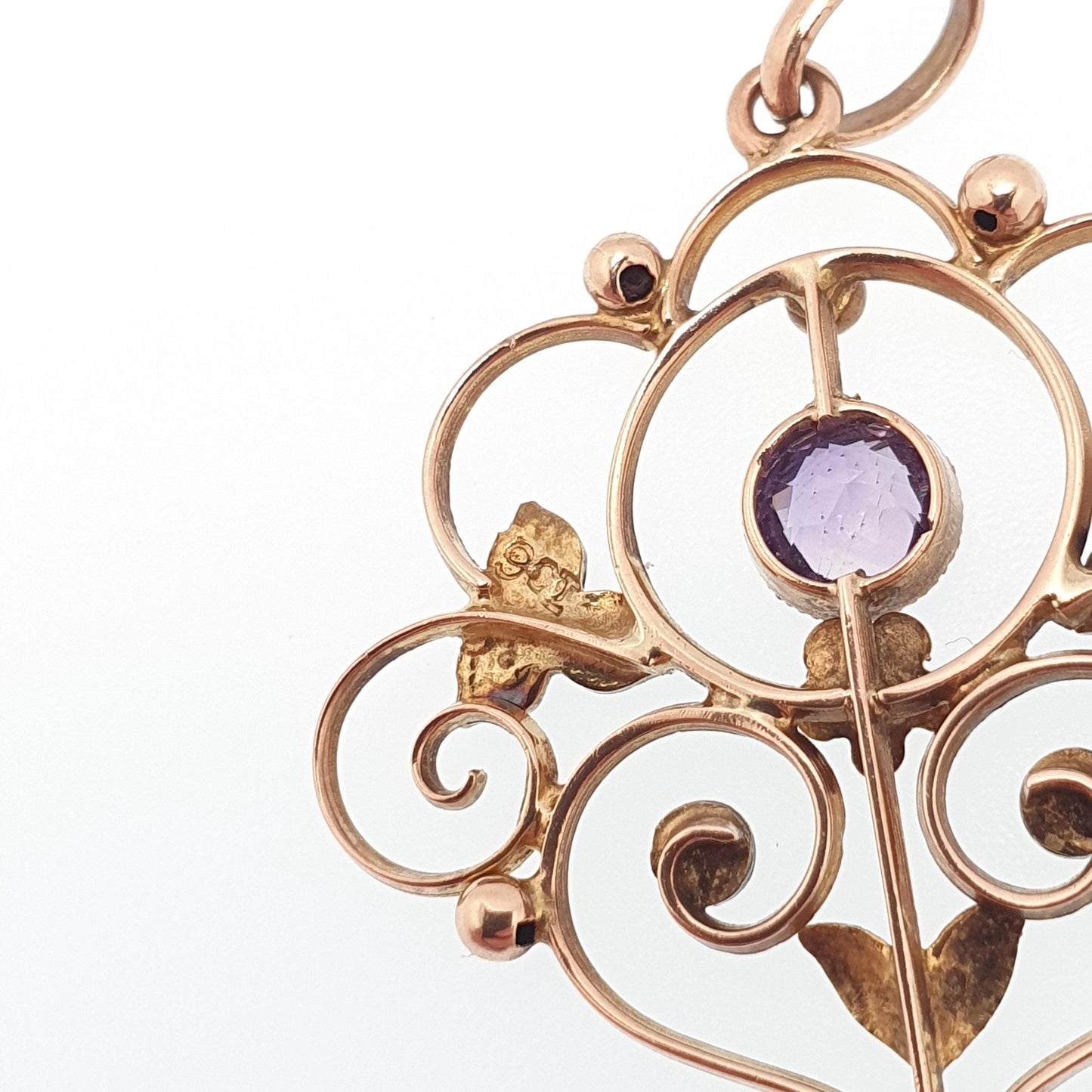 Antique 9ct 9k Gold Amethyst Pendant Seed Pearl Necklace Brooch Edwardian Solid 375 Openwork Necklace 1900s Old Vintage Jewellery Jewelry