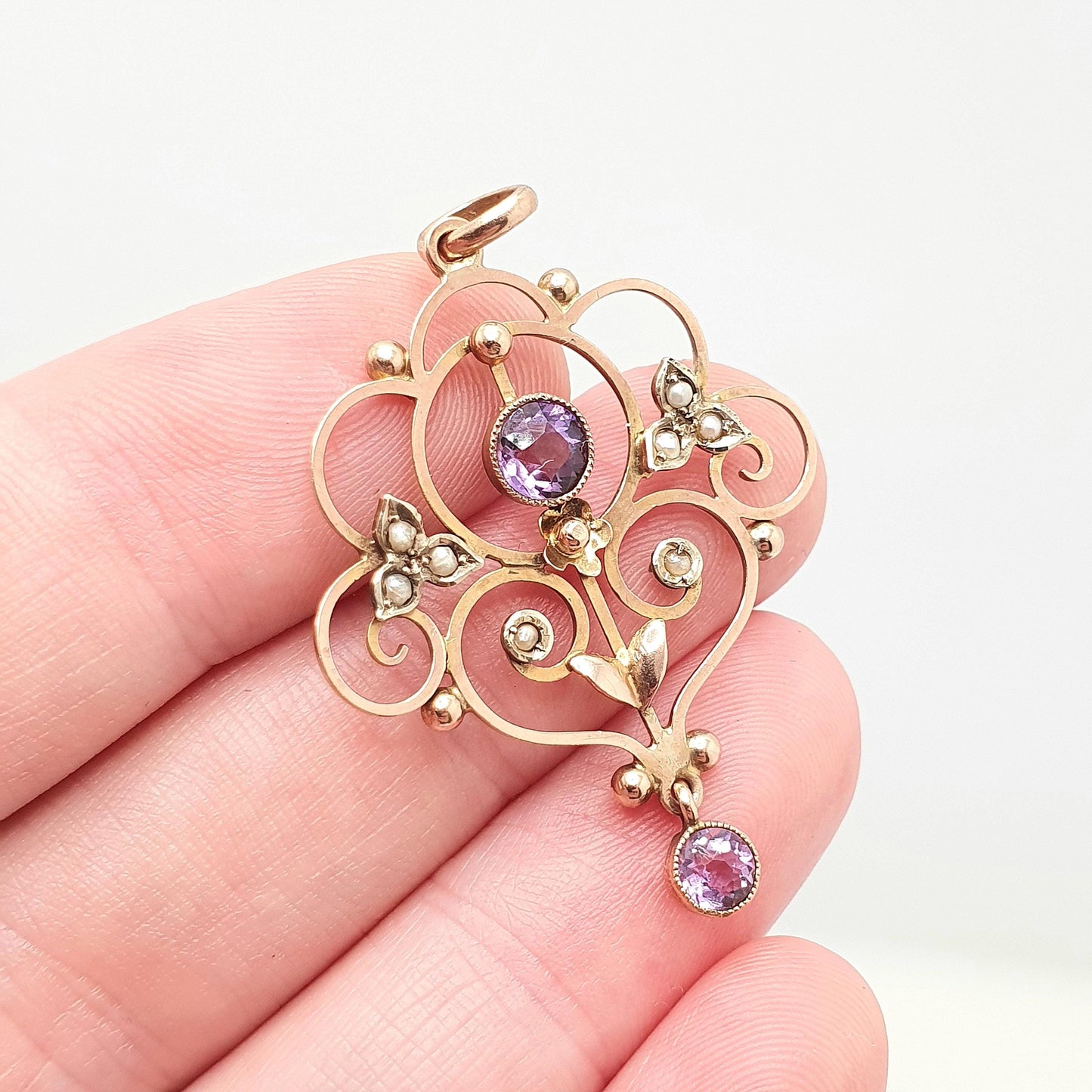 Antique 9ct 9k Gold Amethyst Pendant Seed Pearl Necklace Brooch Edwardian Solid 375 Openwork Necklace 1900s Old Vintage Jewellery Jewelry
