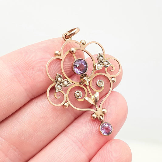 Antique 9ct 9k Gold Amethyst Pendant Seed Pearl Necklace Brooch Edwardian Solid 375 Openwork Necklace 1900s Old Vintage Jewellery Jewelry