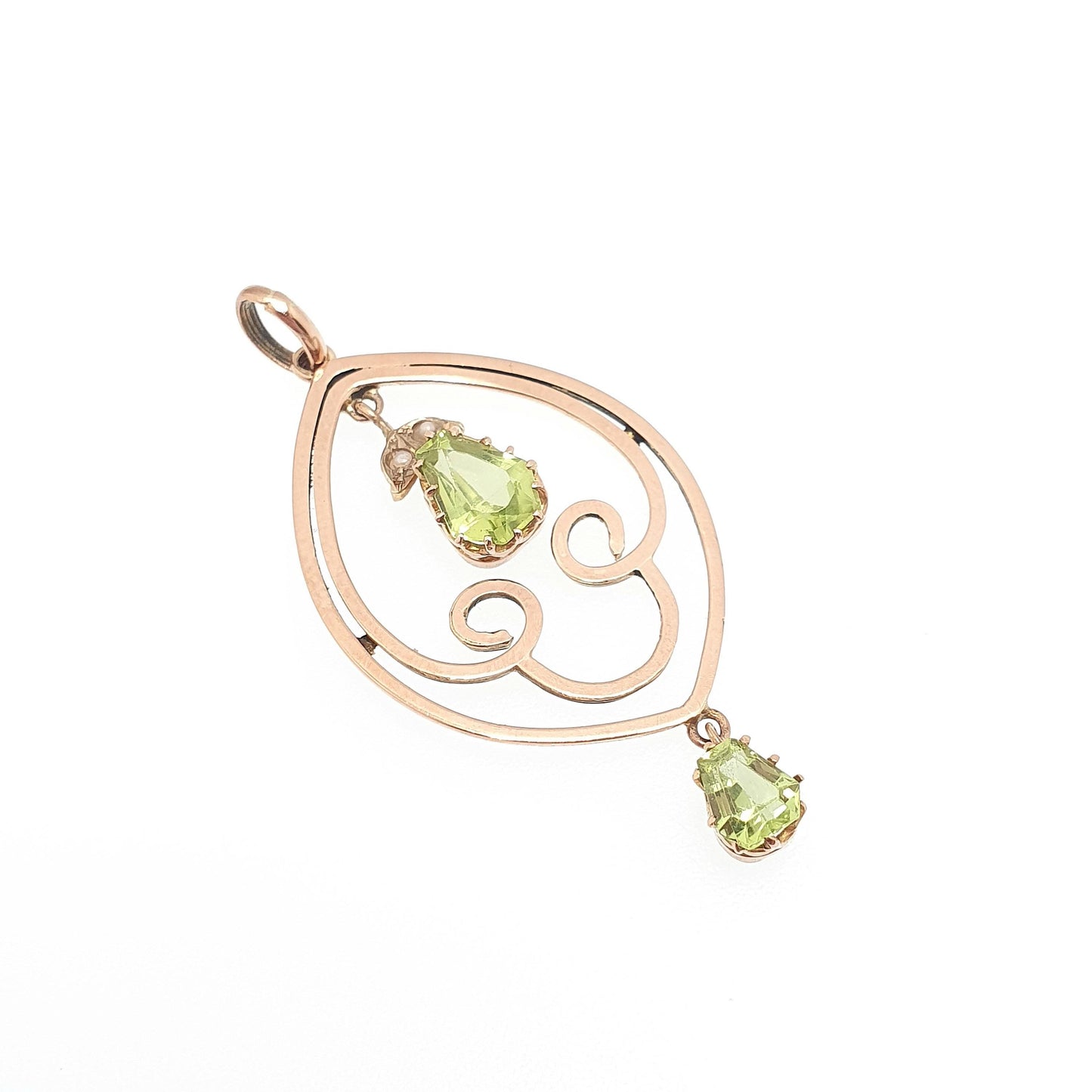 Antique 9k 9ct Gold Peridot Olivine Necklace Pendant Art Nouveau Edwardian Seed Pearl Openwork Solid 375 Elegant Womens Jewelry Jewellery