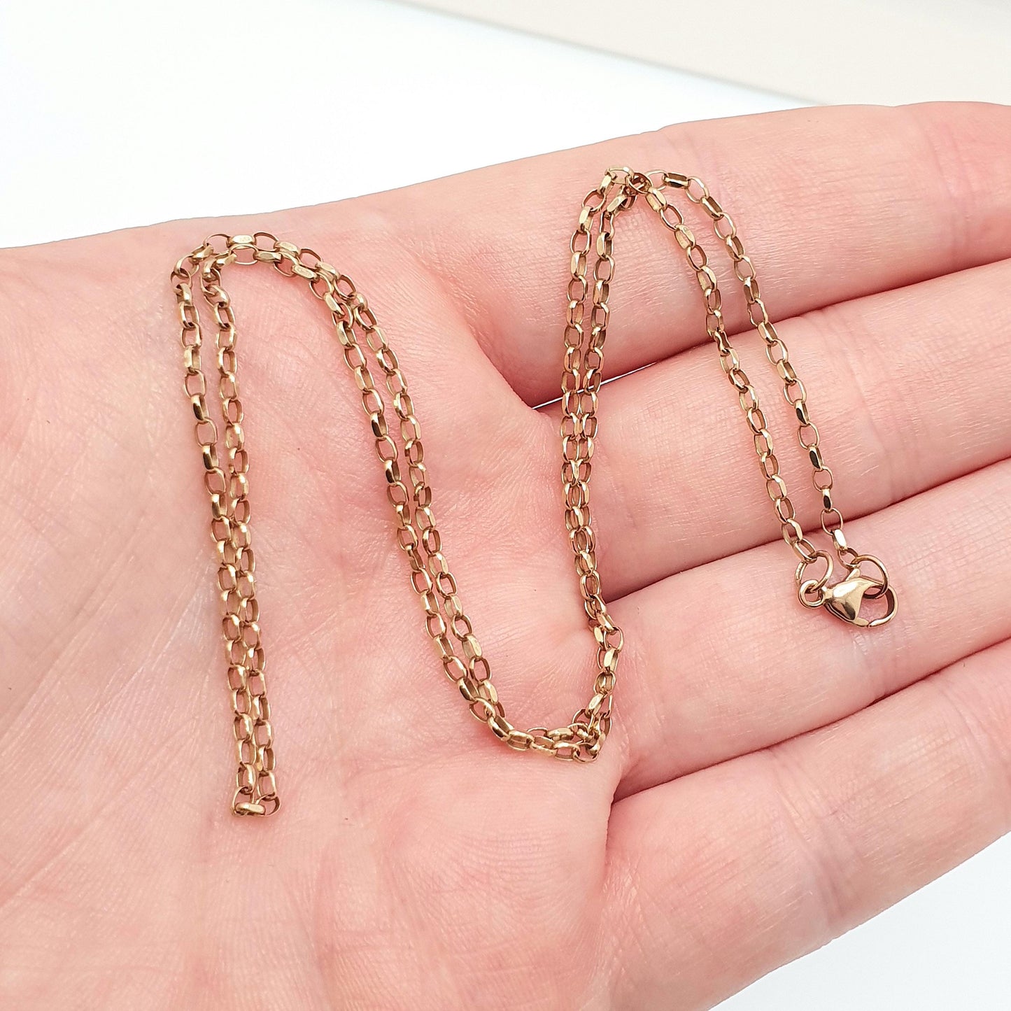 Vintage 9k 9ct Gold Belcher Link Chain Necklace Oval Cable 46cm 18.1" 2.40g Solid 375 Yellow Retro Womens Mens Hallmarked