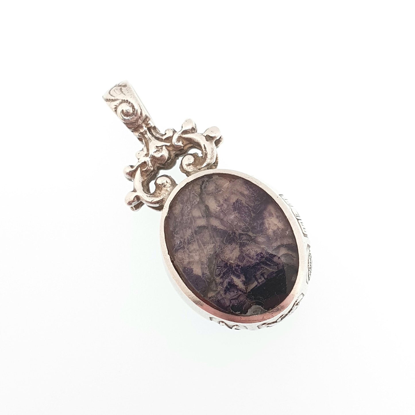 Vintage Blue John Sterling Silver Necklace Pendant Large Big Fob 1980 Hallmark Bleu Jaune Doublet Gemstone Jewellery Jewelry