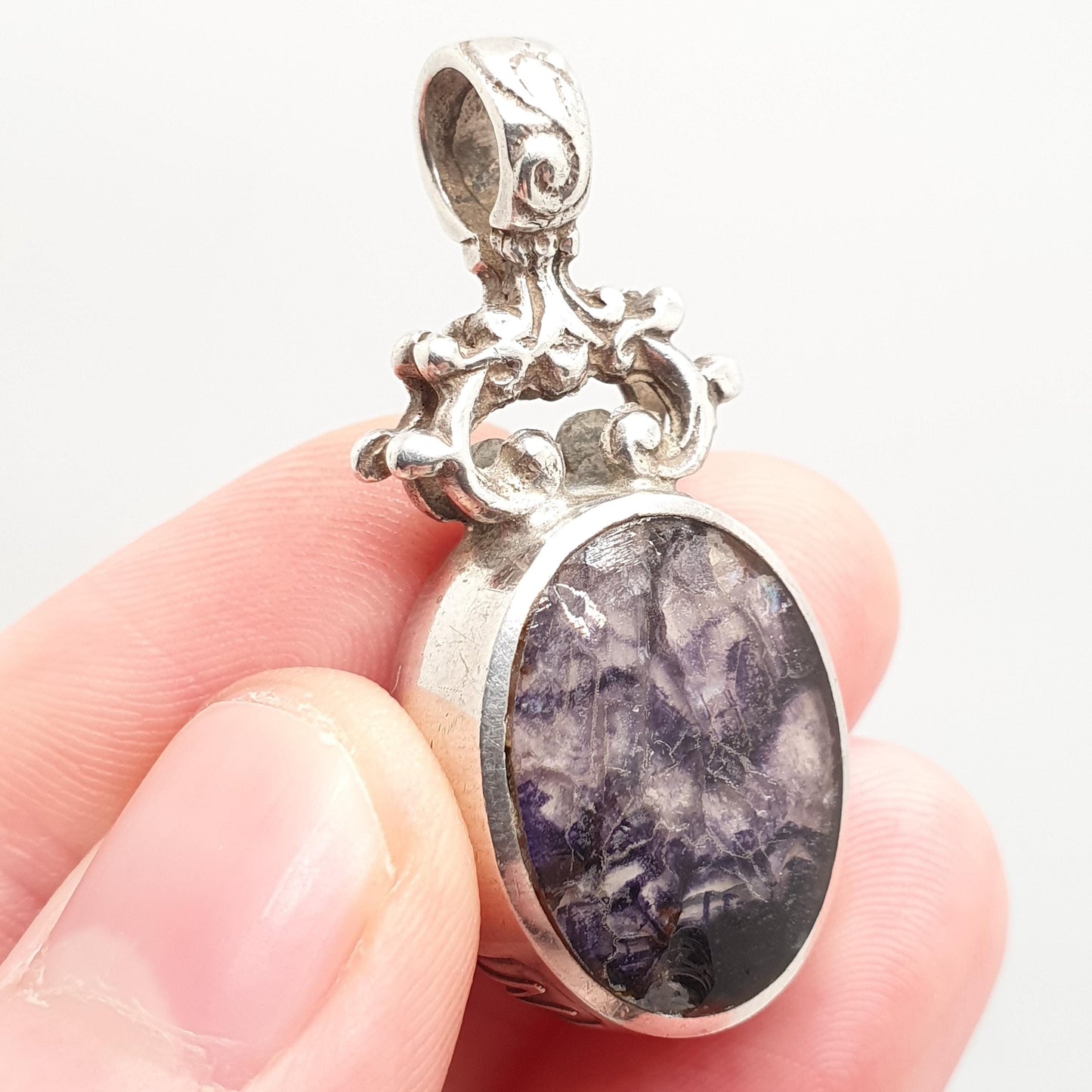 Vintage Blue John Sterling Silver Necklace Pendant Large Big Fob 1980 Hallmark Bleu Jaune Doublet Gemstone Jewellery Jewelry