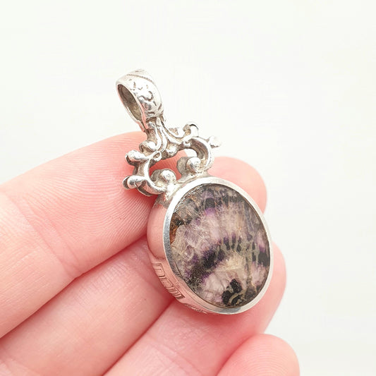 Vintage Blue John Sterling Silver Necklace Pendant Large Big Fob 1980 Hallmark Bleu Jaune Doublet Gemstone Jewellery Jewelry