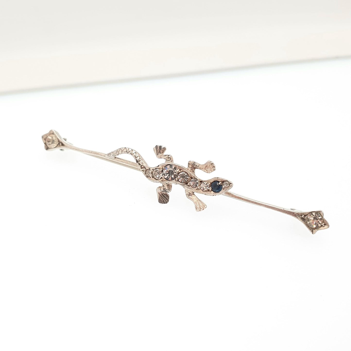 Antique Solid Silver Lizard Brooch Diamond Paste Sapphire Pastes Art Deco Reptile Animal Vintage Womens Retro Jewelry Jewellery