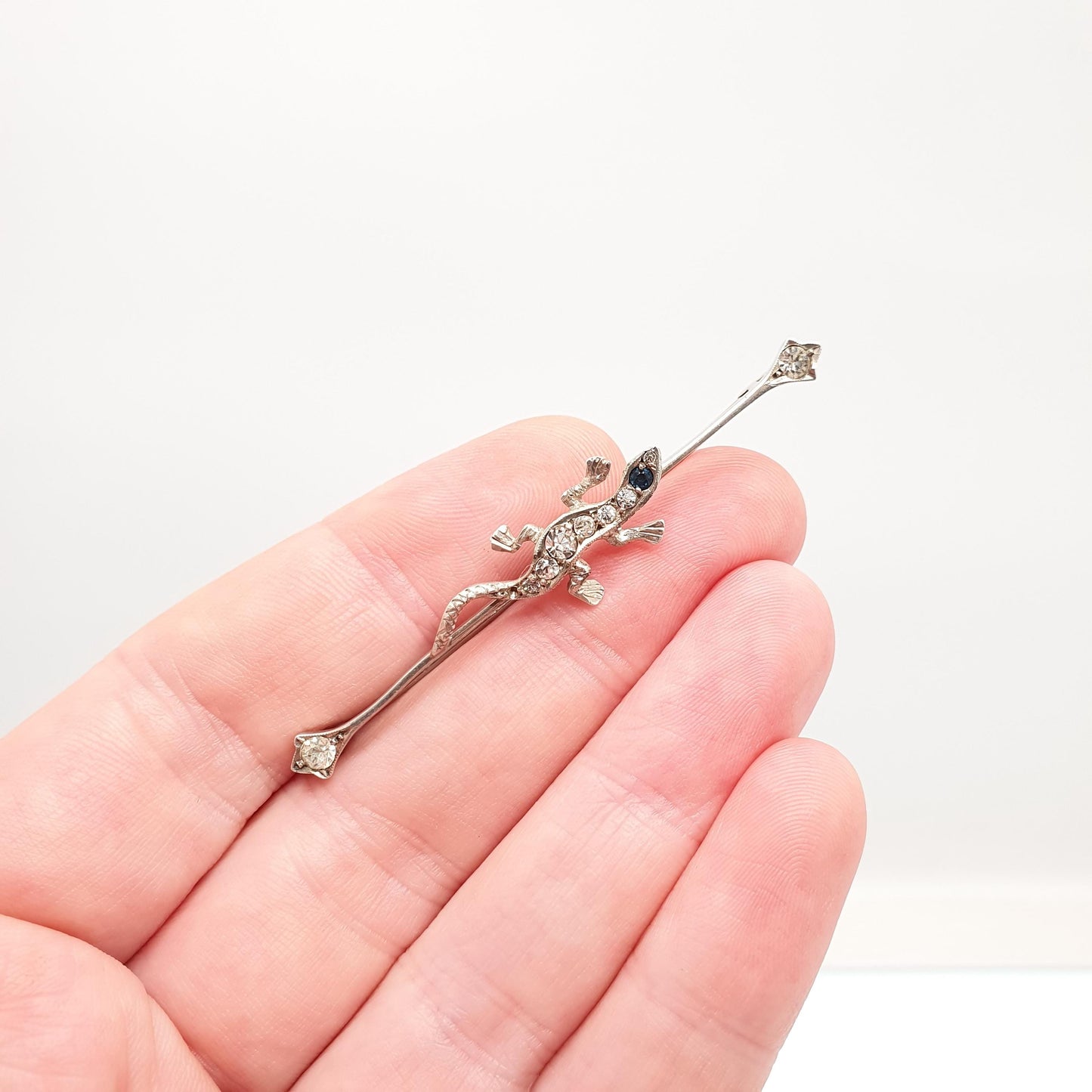 Antique Solid Silver Lizard Brooch Diamond Paste Sapphire Pastes Art Deco Reptile Animal Vintage Womens Retro Jewelry Jewellery