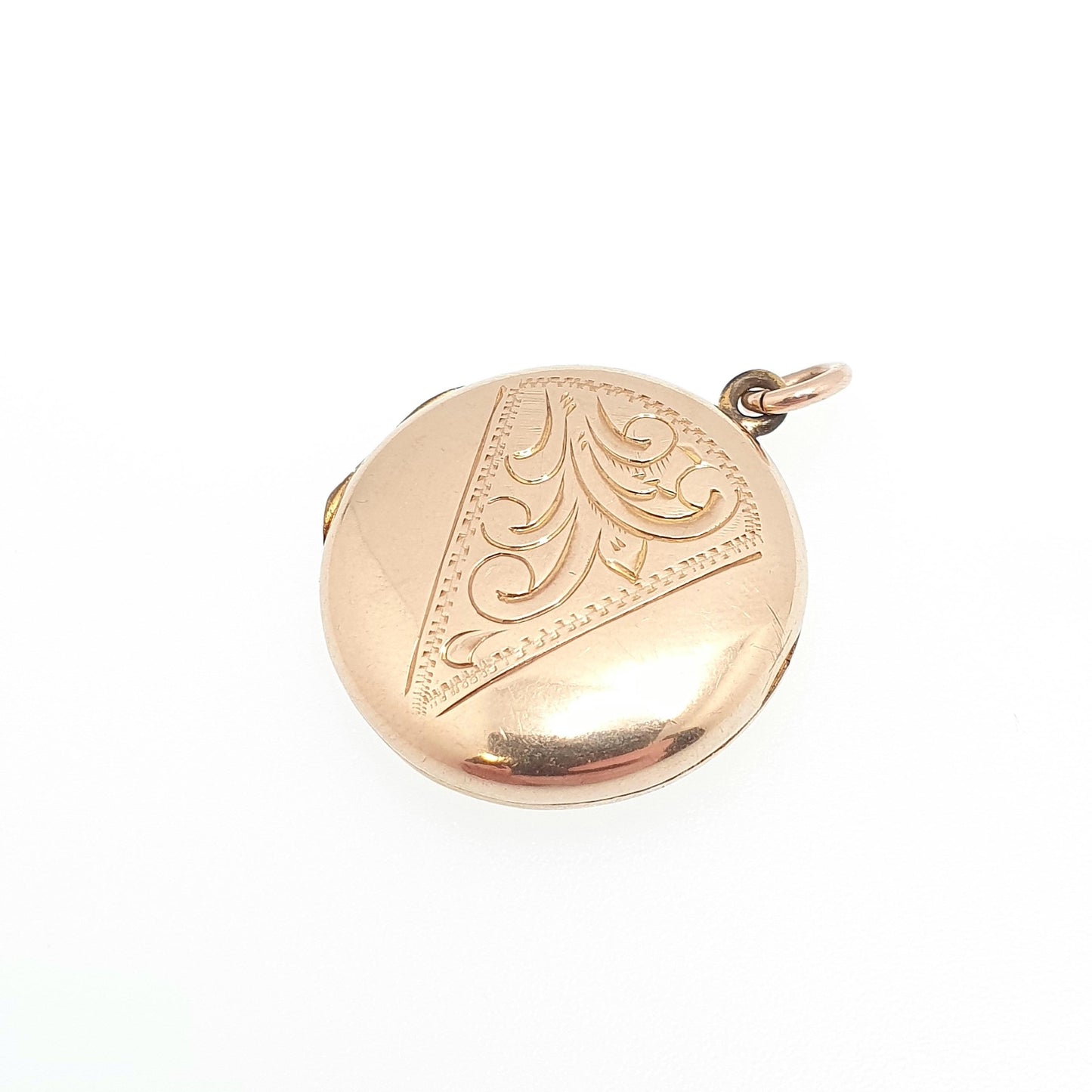 Antique 9ct 9k Gold Locket Pendant Round Art Deco Engraved Pattern Solid 375 Back & Front Small Circle Photo Vintage Necklace