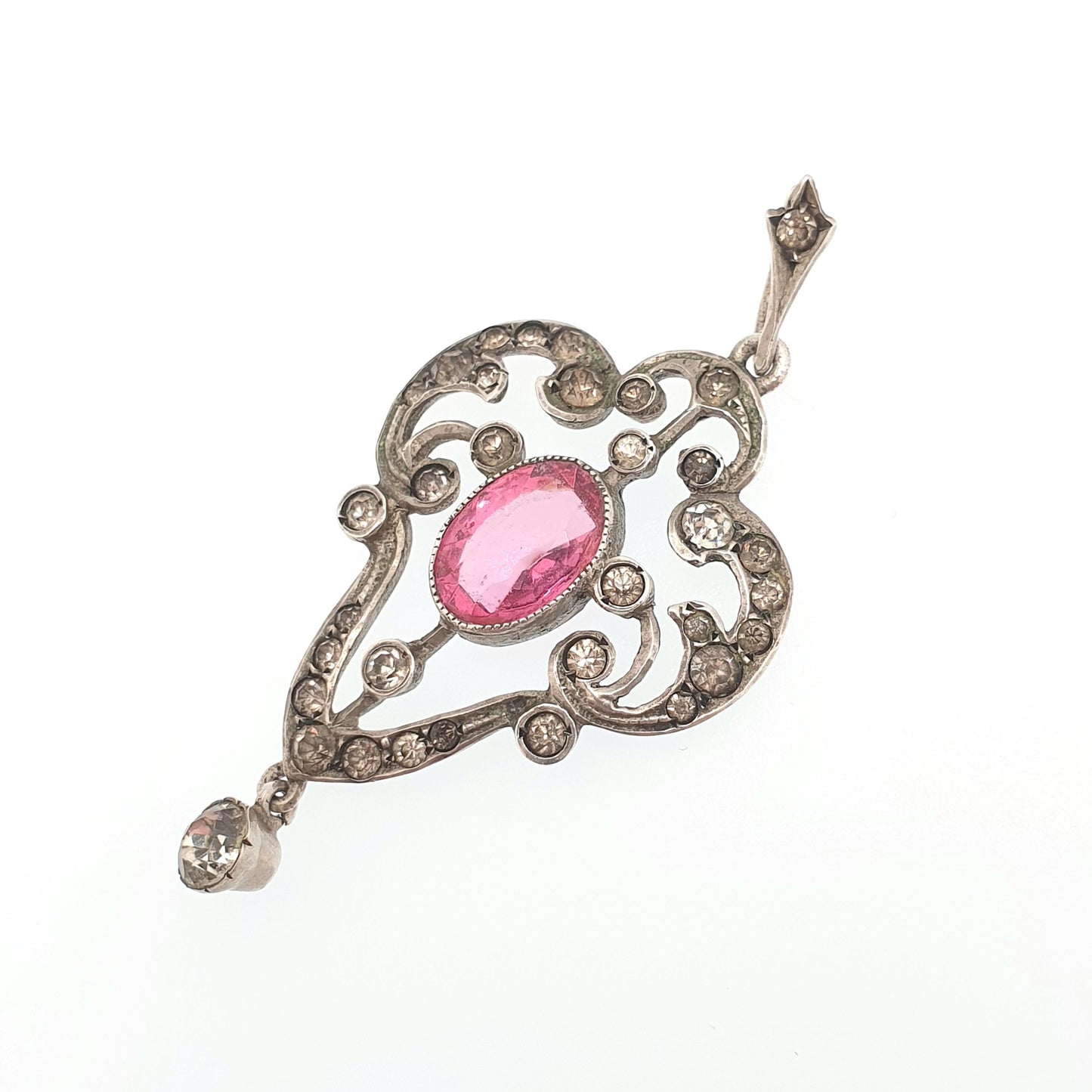 Antique Solid Silver Pink & Diamond Paste Pendant Necklace Victorian Art Nouveau 1800s Sparkly Vintage Womens Jewellery Jewelry