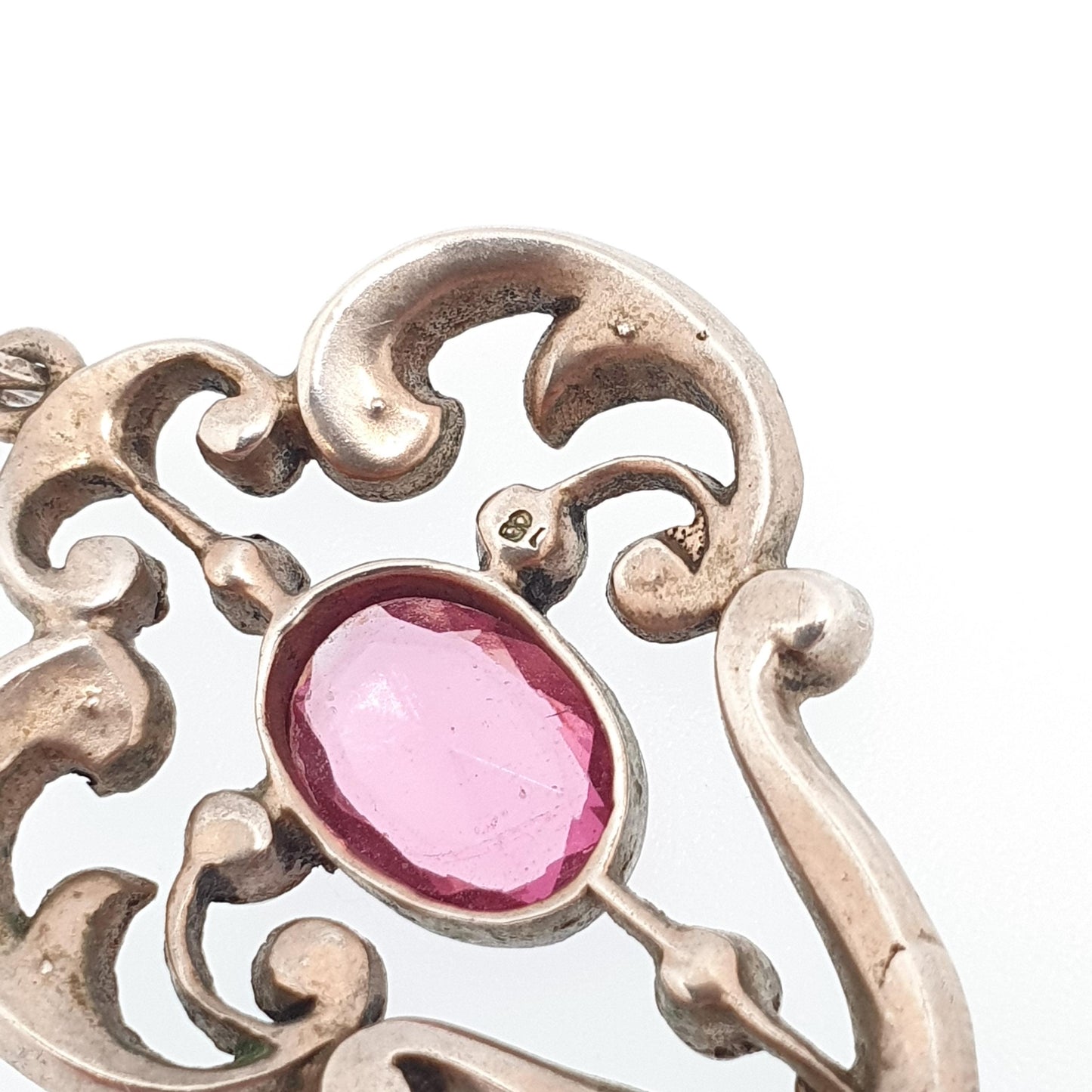 Antique Solid Silver Pink & Diamond Paste Pendant Necklace Victorian Art Nouveau 1800s Sparkly Vintage Womens Jewellery Jewelry