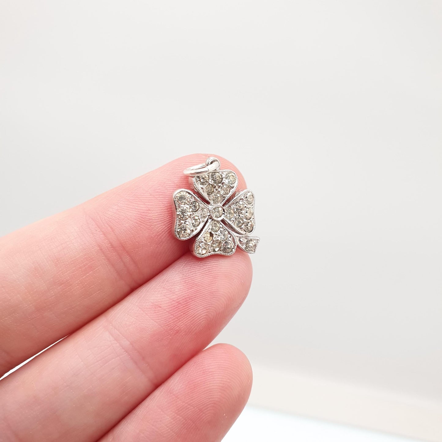 Antique Sterling Silver Diamond Paste Clover Pendant Charm Necklace Lucky Irish Art Deco Vintage Womens Jewellery Jewelry