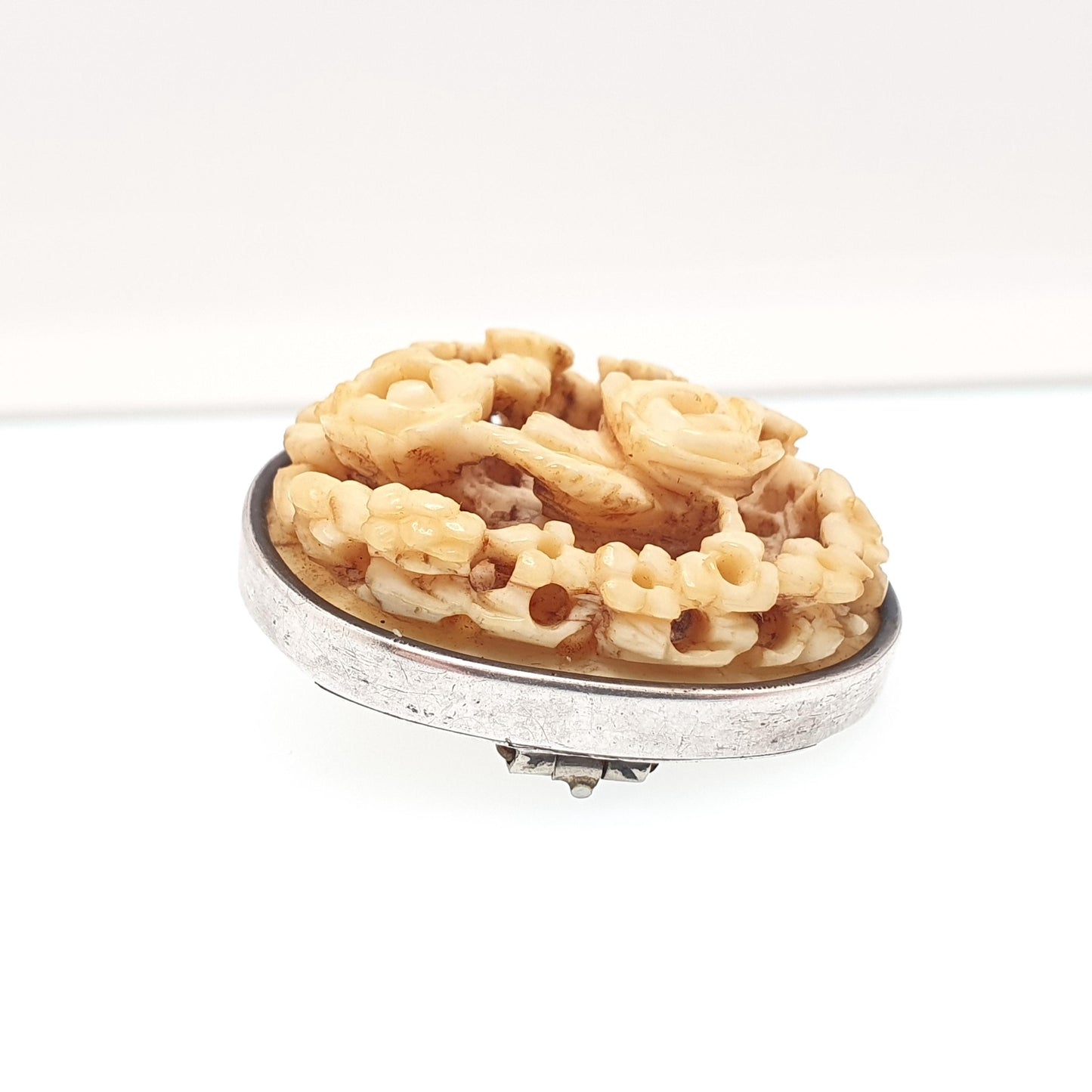 Antique Chinese Bone Cameo Solid Silver Brooch Victorian Ox Bone Hand Carved Flower High Relief Womens Jewelry Jewellery