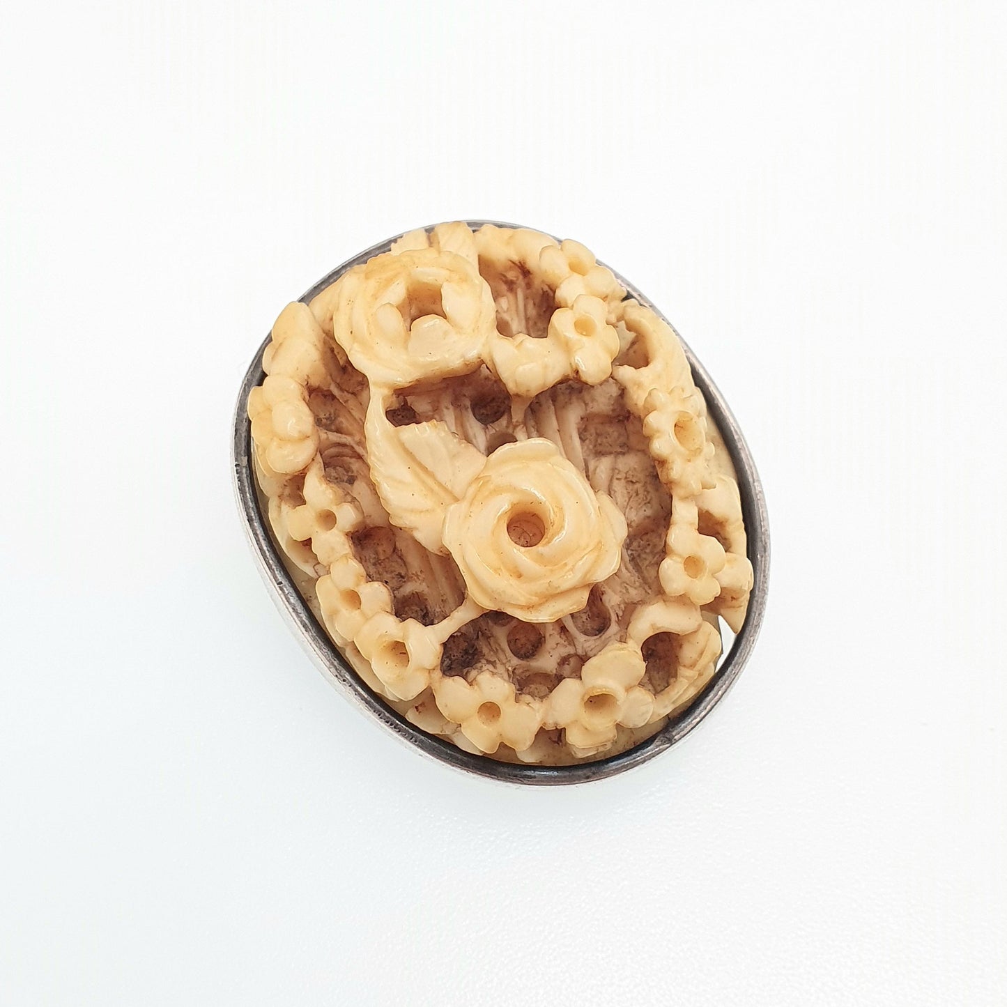 Antique Chinese Bone Cameo Solid Silver Brooch Victorian Ox Bone Hand Carved Flower High Relief Womens Jewelry Jewellery