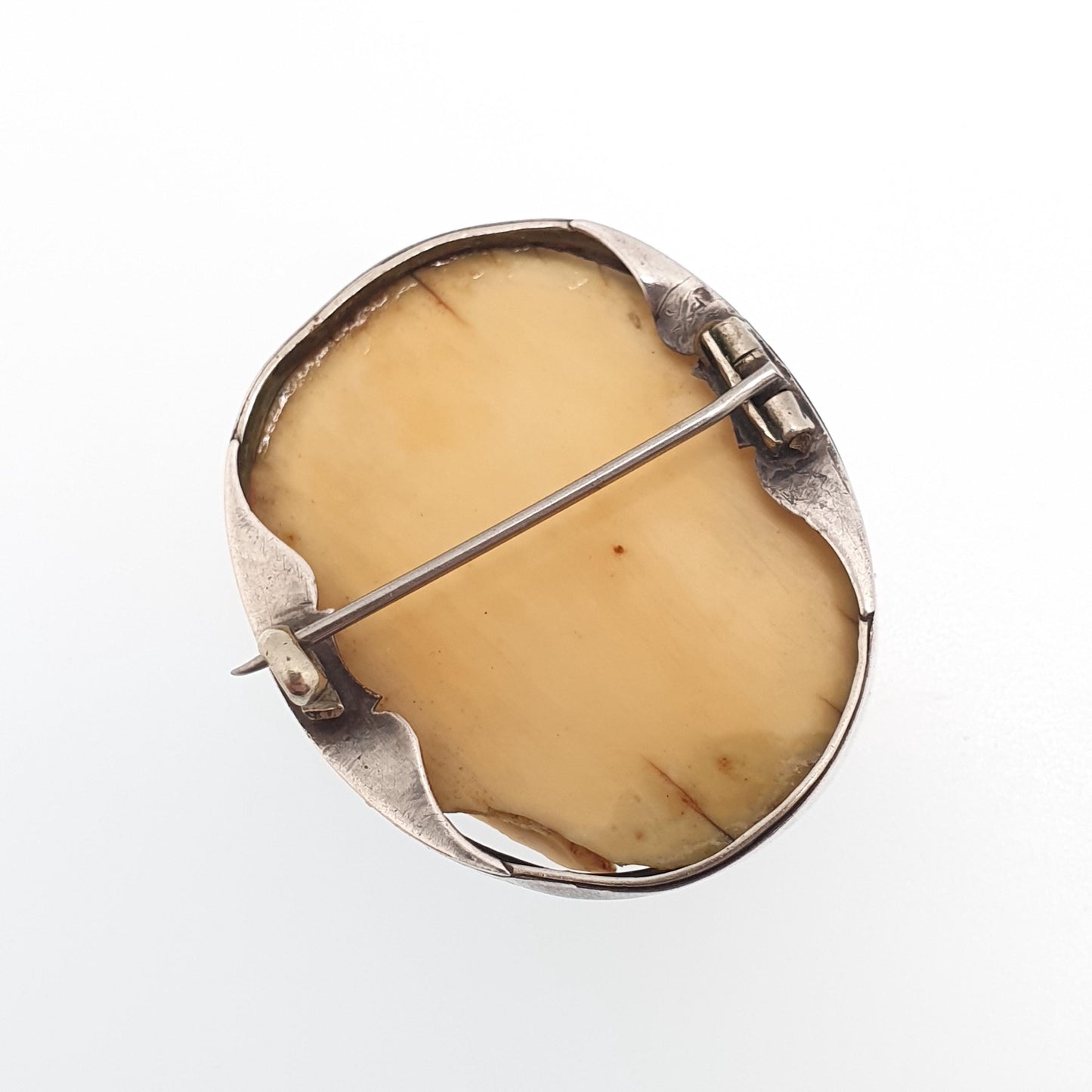 Antique Chinese Bone Cameo Solid Silver Brooch Victorian Ox Bone Hand Carved Flower High Relief Womens Jewelry Jewellery