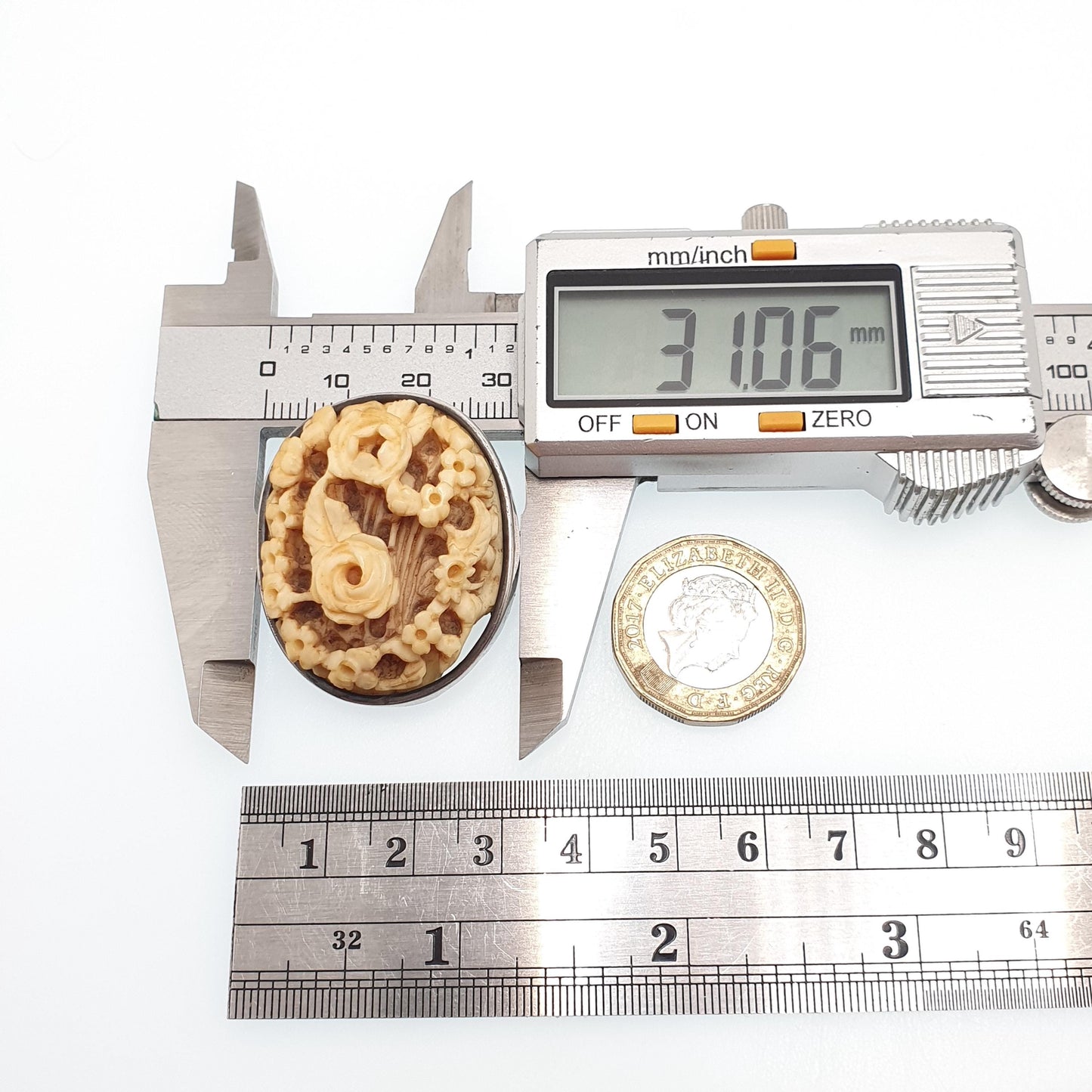 Antique Chinese Bone Cameo Solid Silver Brooch Victorian Ox Bone Hand Carved Flower High Relief Womens Jewelry Jewellery