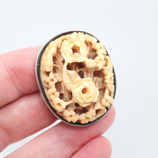 Antique Chinese Bone Cameo Solid Silver Brooch Victorian Ox Bone Hand Carved Flower High Relief Womens Jewelry Jewellery