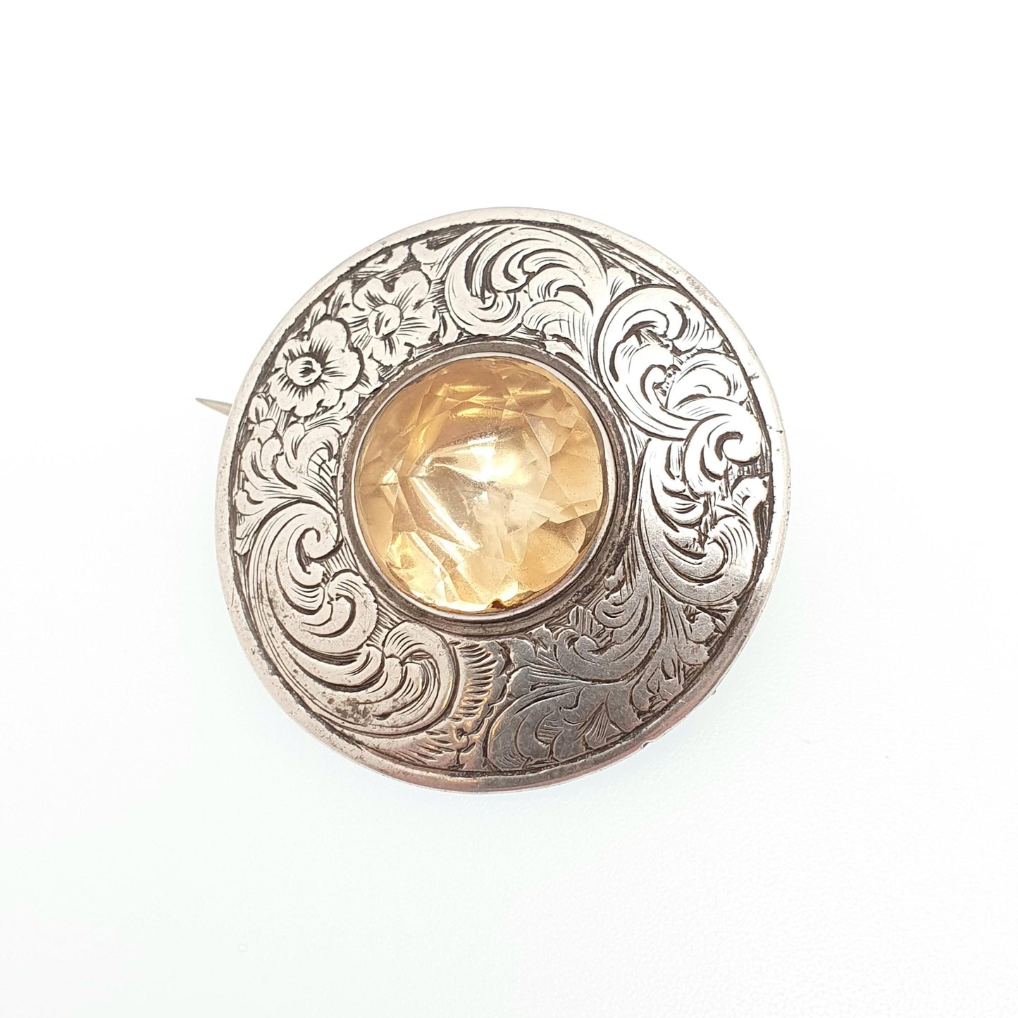 Antique Victorian Solid Silver Citrine Brooch Genuine Gemstone Etruscan Leaf Border Oval Cut Quartz Pin Vintage Womens Jewelry Jewellery