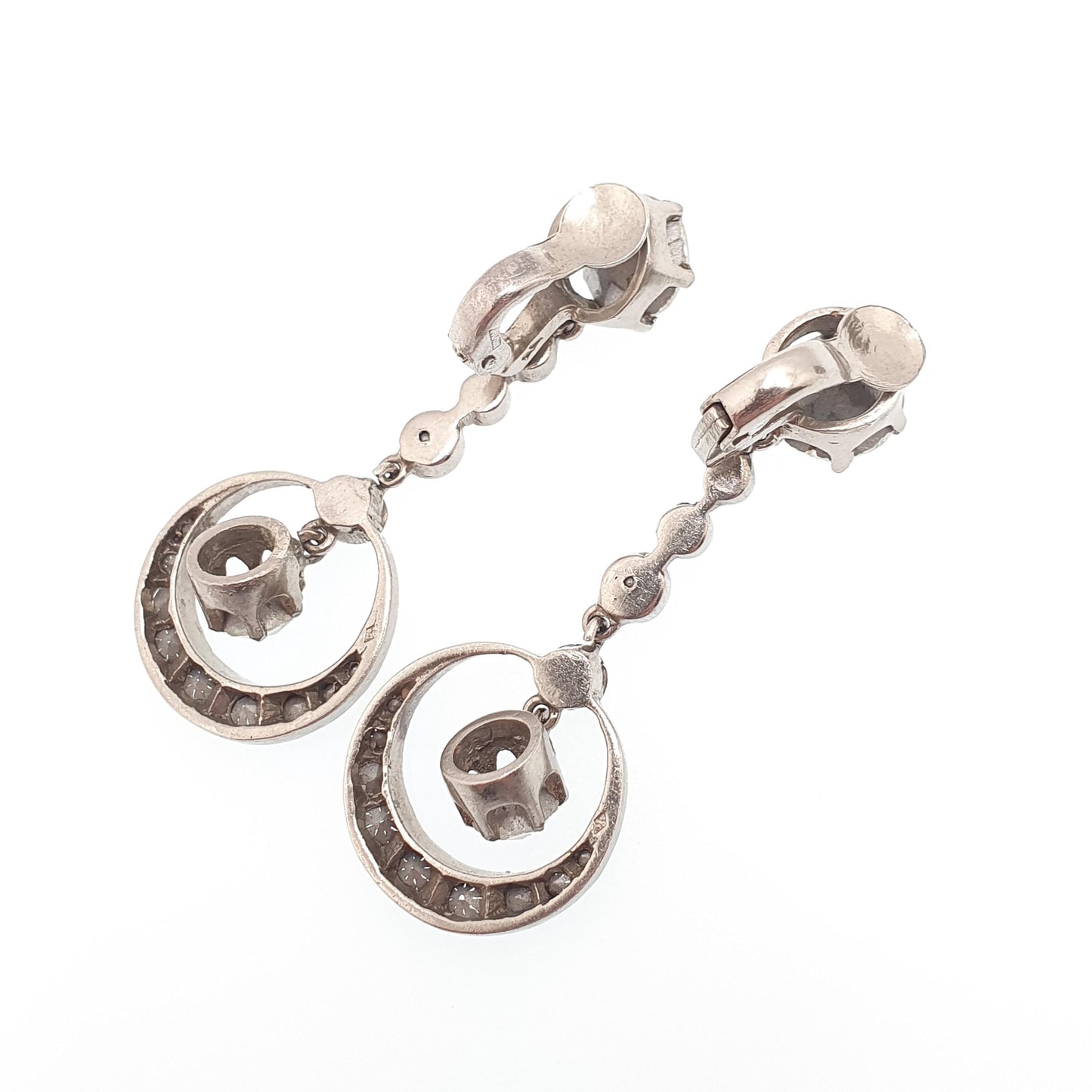 Antique Solid Silver Diamond Paste Earrings Crescent Moon Art Deco Pendulum Chandelier French 1920s Vintage Jewelry Jewellery