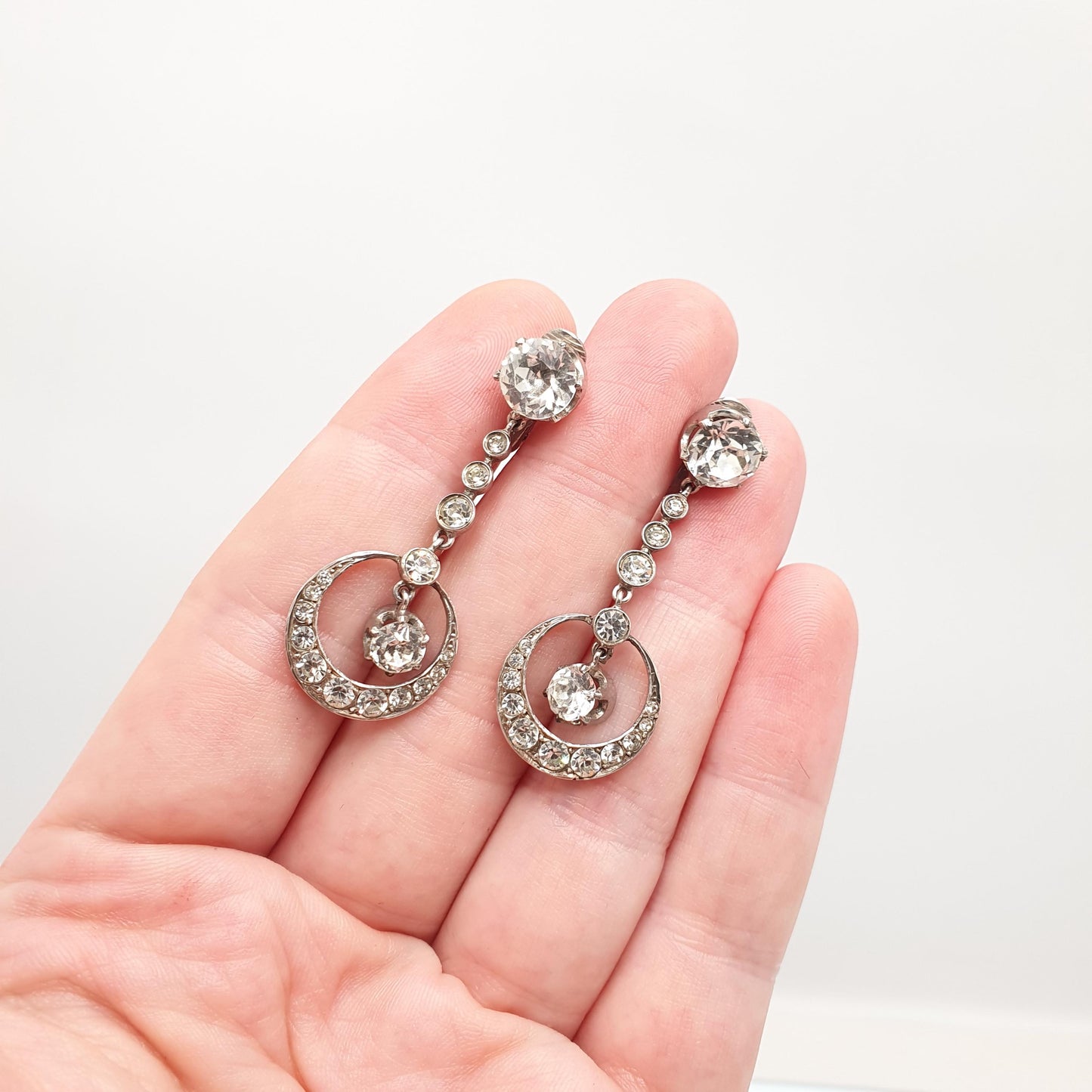 Antique Solid Silver Diamond Paste Earrings Crescent Moon Art Deco Pendulum Chandelier French 1920s Vintage Jewelry Jewellery