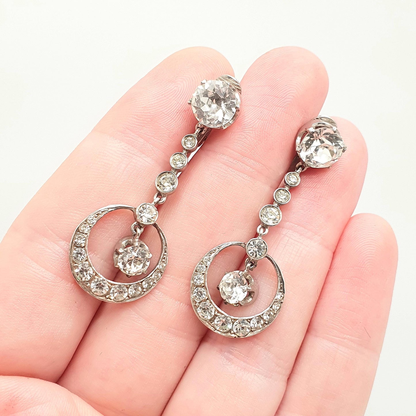 Antique Solid Silver Diamond Paste Earrings Crescent Moon Art Deco Pendulum Chandelier French 1920s Vintage Jewelry Jewellery