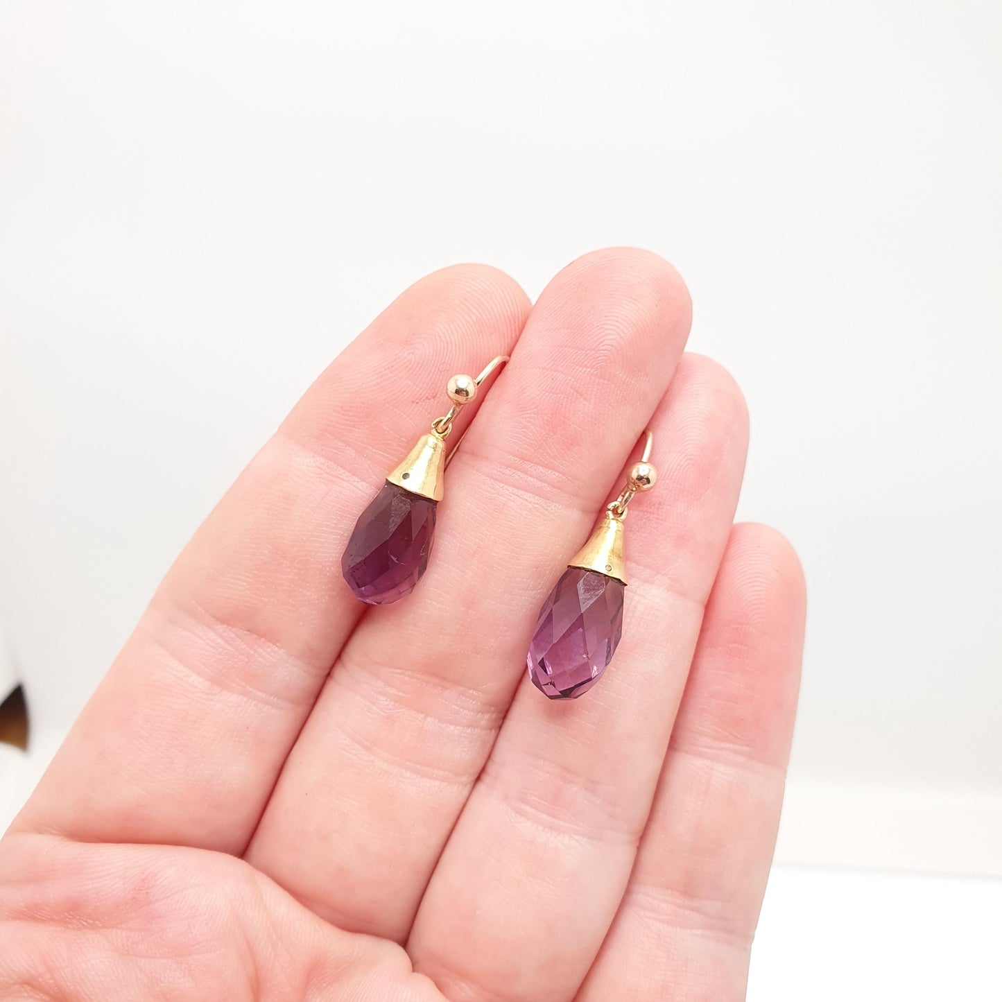 Antique 14k 14kt Gold Amethyst Hook Earrings Art Deco Natural Gemstone Faceted Pear Vintage 9ct Gold Hooks Jewelry
