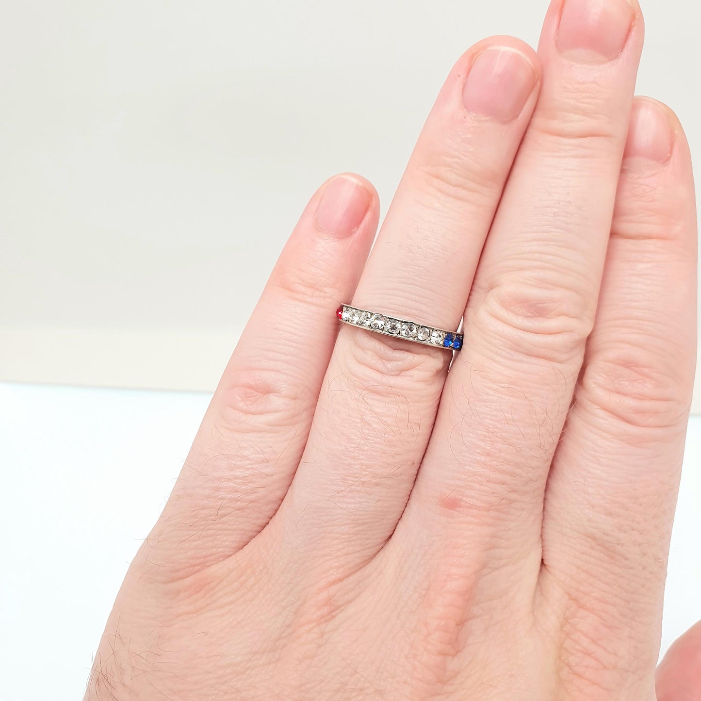 Antique Art Deco Red White & Blue Paste Solid Silver Eternity Ring Great Britain United States Colours 1920s Vintage