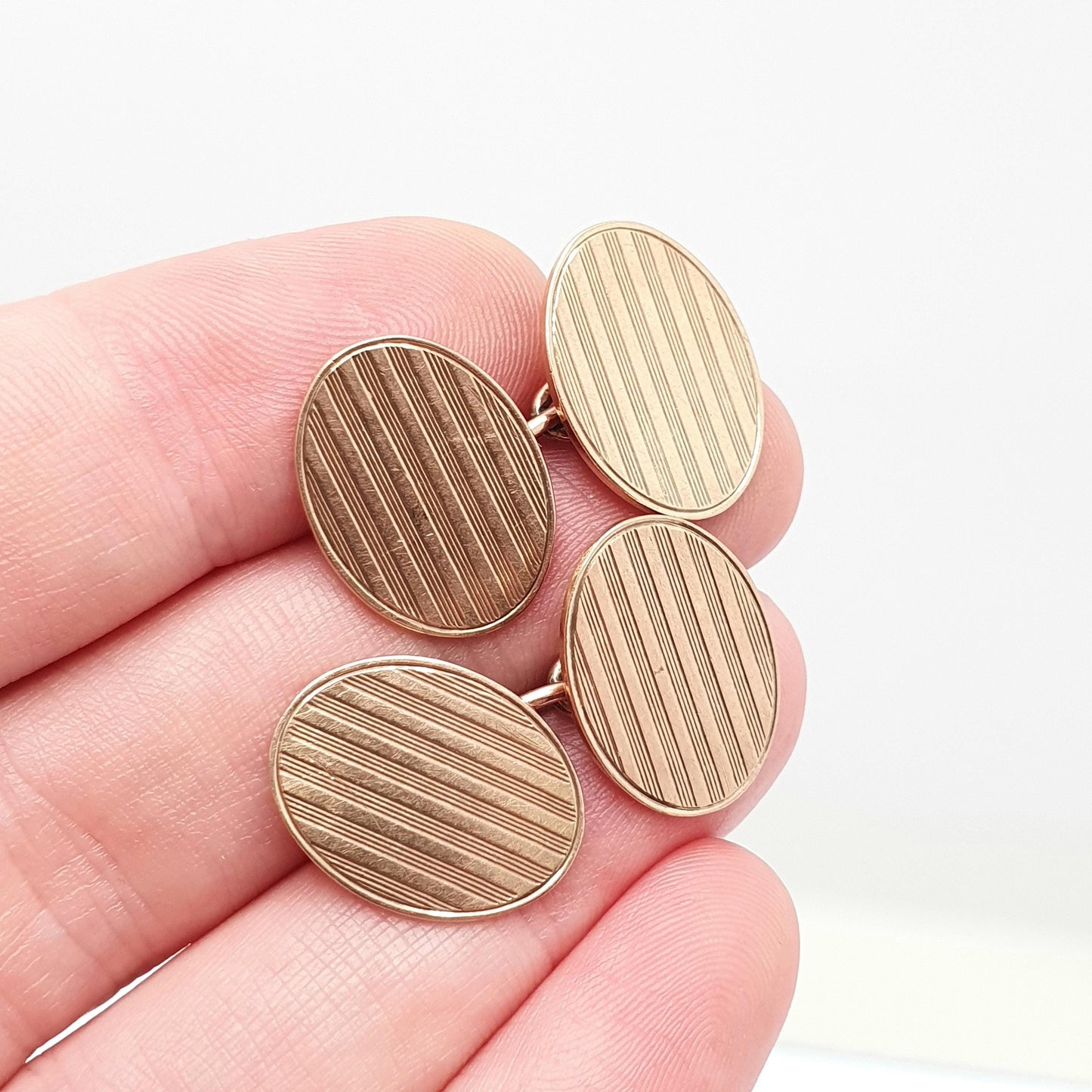 Antique 9ct Rose Gold Oval Cufflinks Art Deco Chain Link Vertical Pattern 1920 Hallmark Solid 9k 9kt Heavy Gents Mens Vintage Jewelry