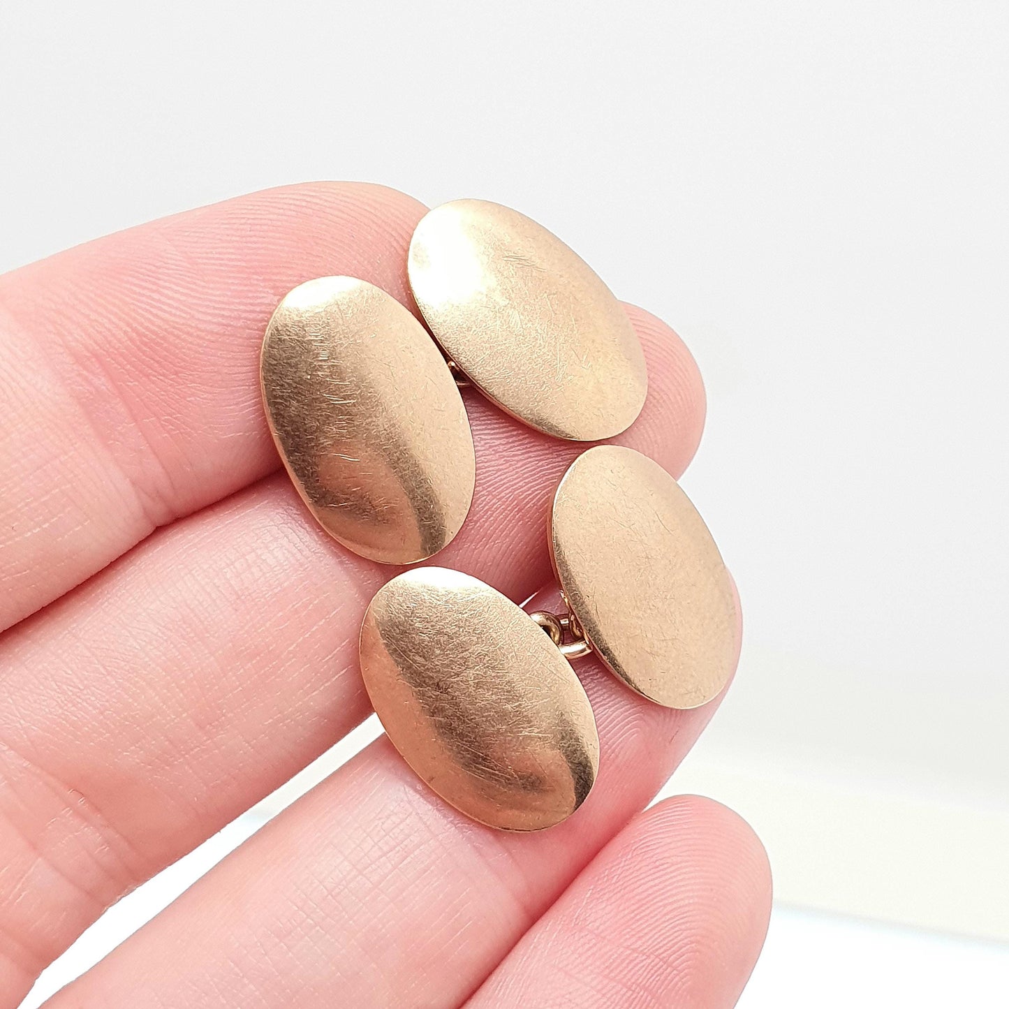 Antique 9ct Rose Gold Oval Cufflinks Plain Smooth Chain Link Edwardian 1909 Hallmark Solid 9k 9kt Heavy Gents Mens Vintage Jewelry