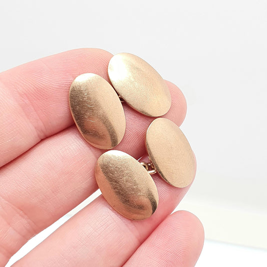 Antique 9ct Rose Gold Oval Cufflinks Plain Smooth Chain Link Edwardian 1909 Hallmark Solid 9k 9kt Heavy Gents Mens Vintage Jewelry