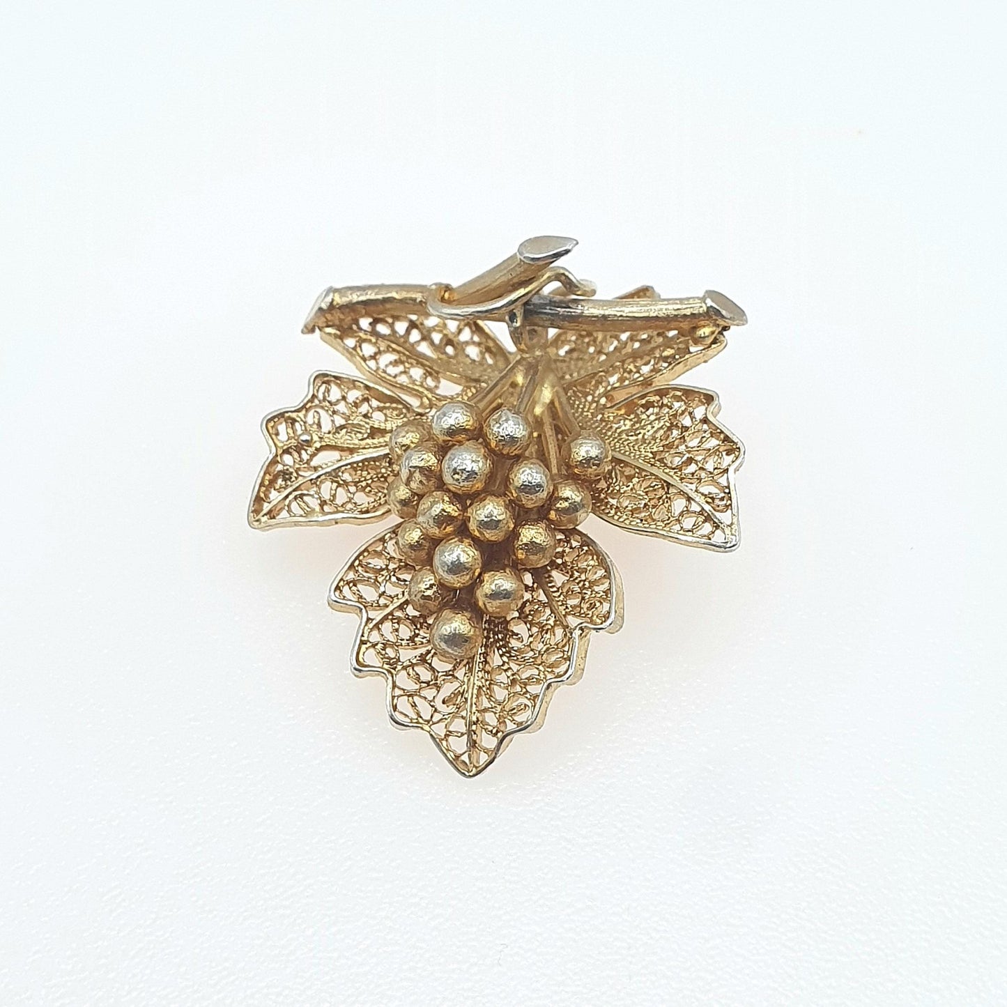 Old Vintage Solid Silver Gold Vermeil Grape Leaf Filigree Brooch Fruit Foreign Silver Stamp Ladies Womens Jewellery Jewelry