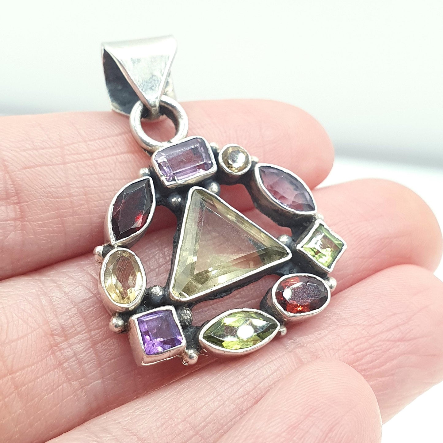Vintage Sterling Silver Multi Gemstone Pendant Amethyst Garnet Citrine Peridot Gemstones 925 Womens Jewelry Jewellery