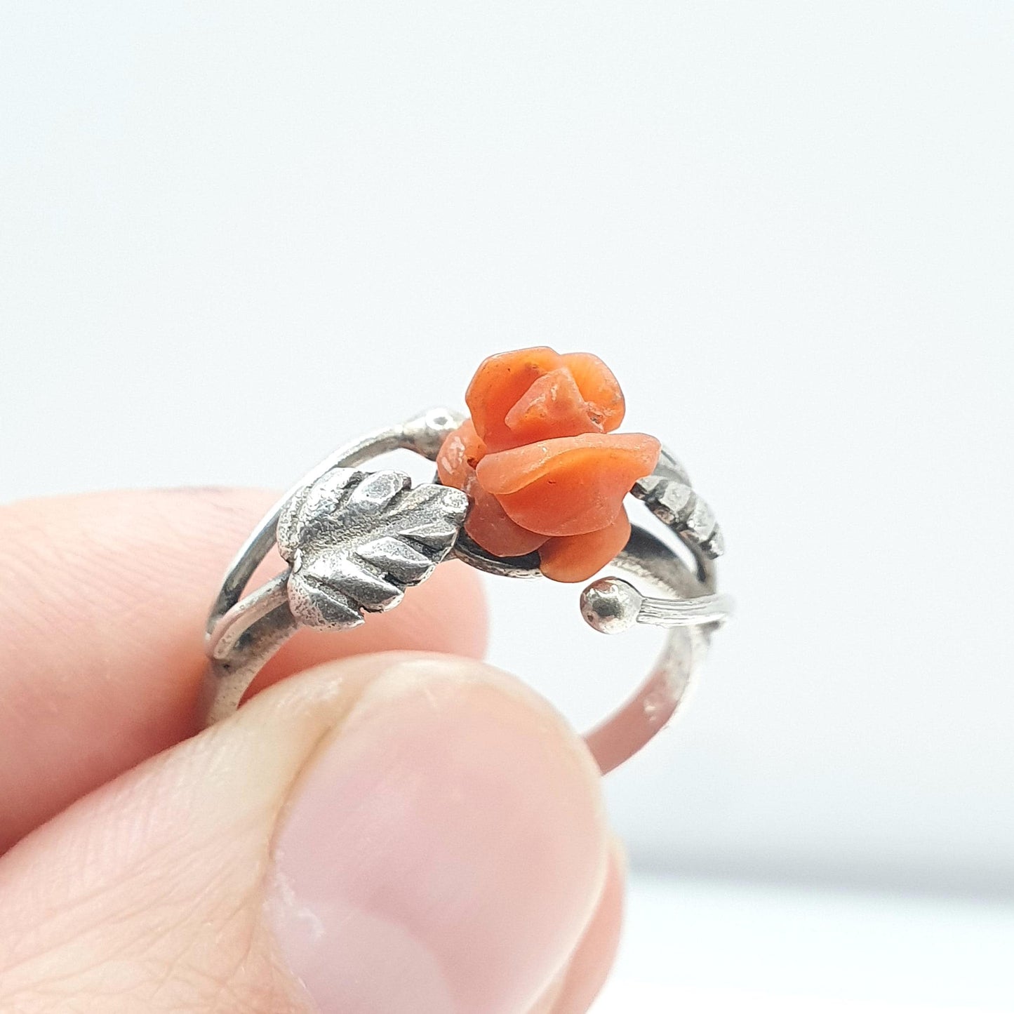 Antique Solid Silver Carved Coral Flower Ring Hand Carved Gemstone Orange Womens Ladies Jewelry Jewellery
