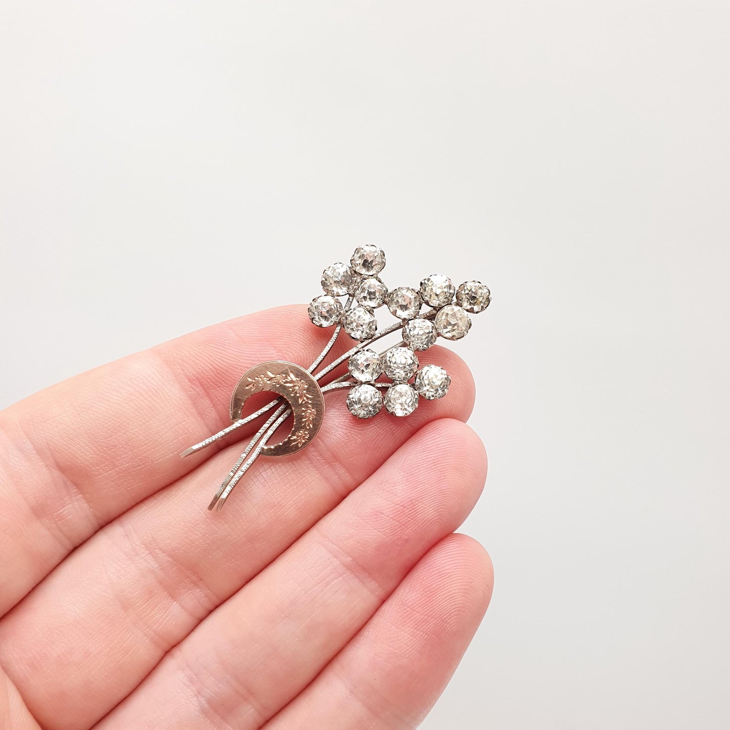 Antique Victorian Solid Silver Diamond Paste Brooch Crescent Moon Rose Gold Highlight Floral Spray Sparkly Vintage Jewelry Jewellery