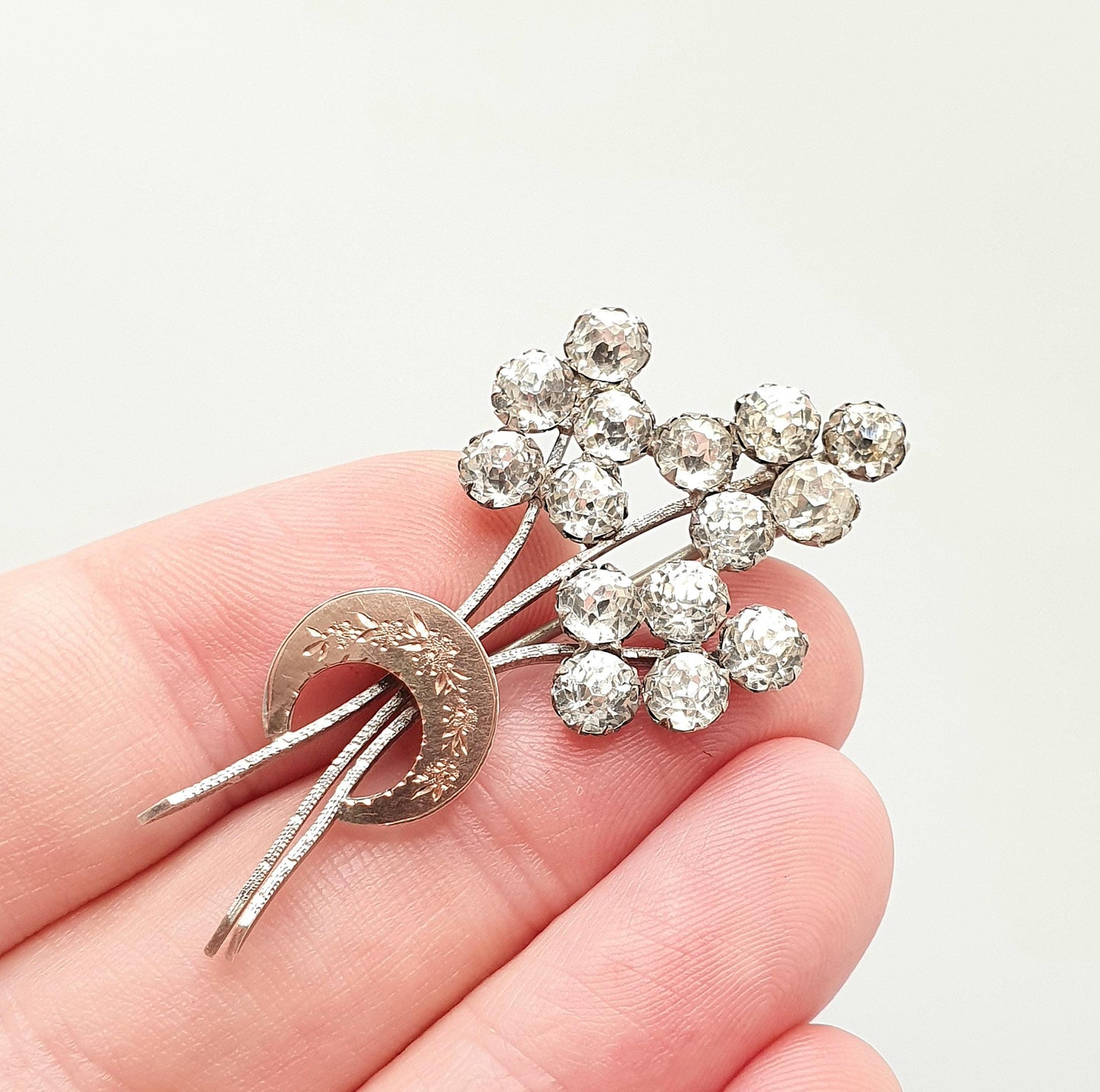 Antique Victorian Solid Silver Diamond Paste Brooch Crescent Moon Rose Gold Highlight Floral Spray Sparkly Vintage Jewelry Jewellery