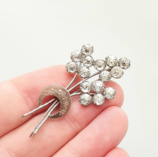 Antique Victorian Solid Silver Diamond Paste Brooch Crescent Moon Rose Gold Highlight Floral Spray Sparkly Vintage Jewelry Jewellery