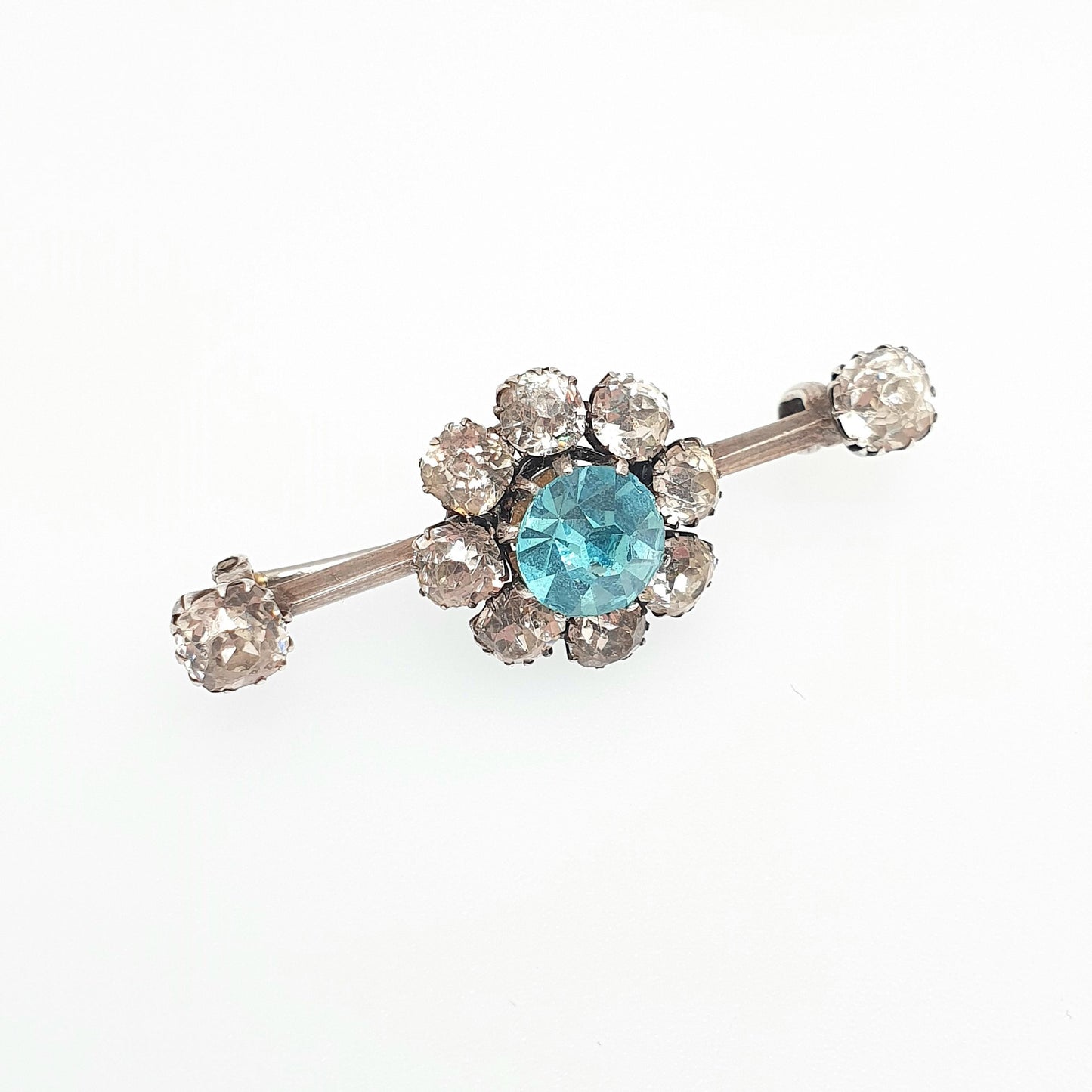 Antique Solid Silver Aquamarine Paste Brooch Victorian Diamond Paste Cluster Cyan Blue Vintage Womens Jewelry Jewellery
