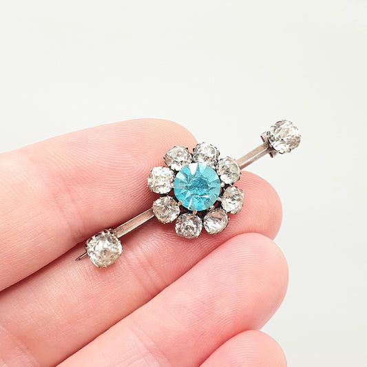 Antique Solid Silver Aquamarine Paste Brooch Victorian Diamond Paste Cluster Cyan Blue Vintage Womens Jewelry Jewellery