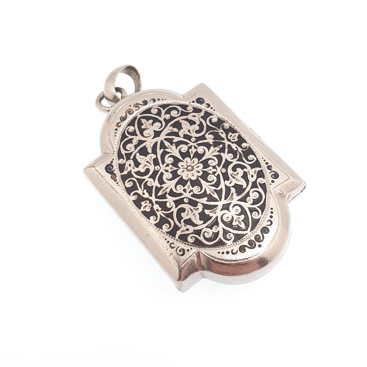 Antique Black Enamel French Locket Art Nouveau Silver Tone Pendant Necklace Floral Flower Womens Vintage European Jewelry Jewellery