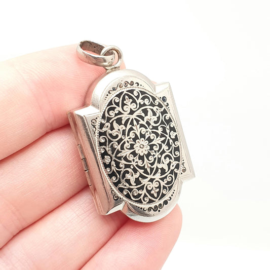 Antique Black Enamel French Locket Art Nouveau Silver Tone Pendant Necklace Floral Flower Womens Vintage European Jewelry Jewellery