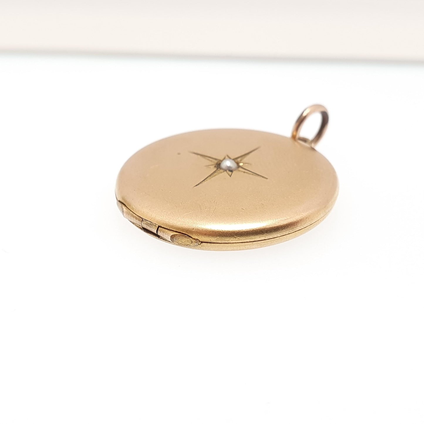 Antique Rolled Gold Locket Seed Pearl Star Set Necklace Pendant Star Yellow Filled Round Circle Vintage Jewellery Jewelry