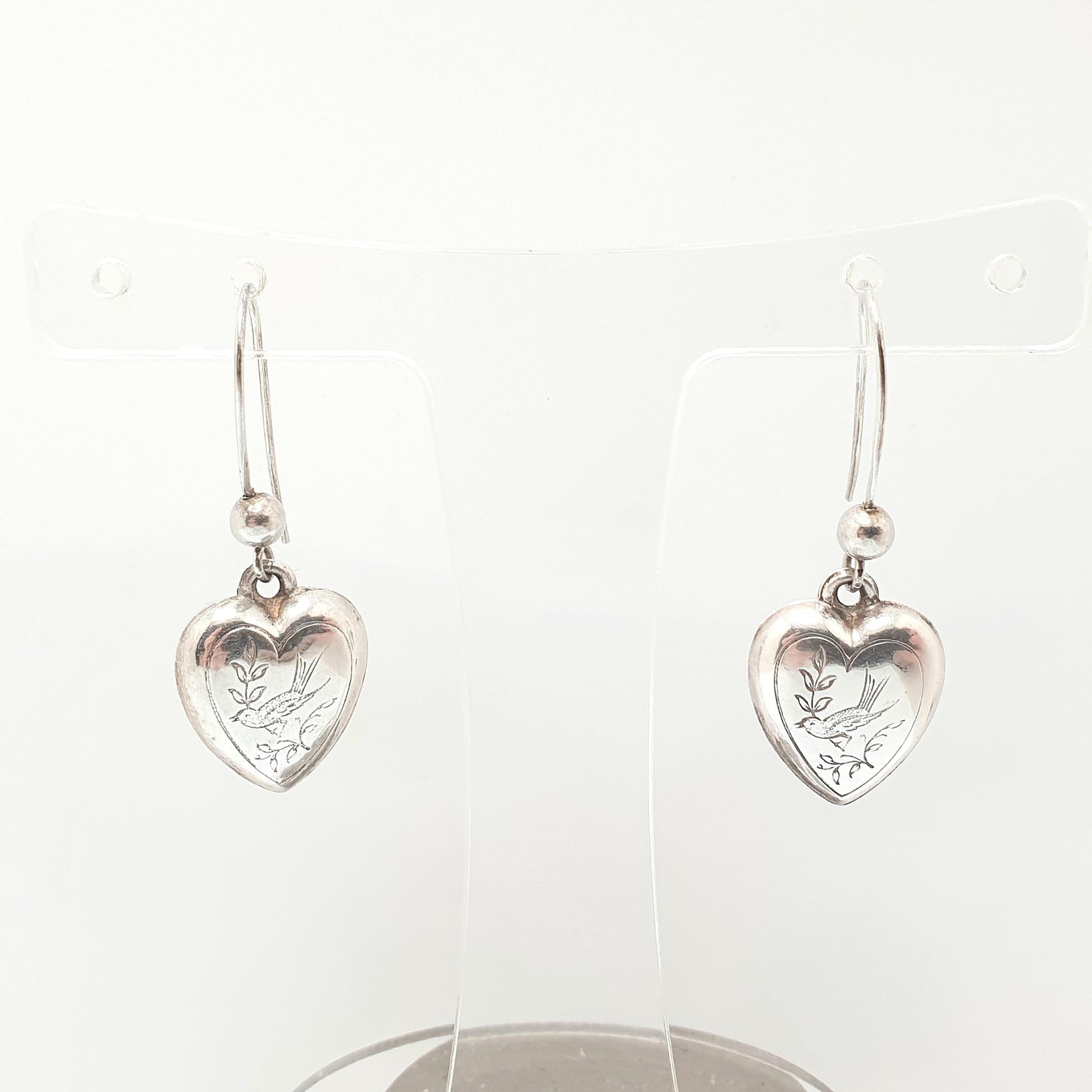 Antique Victorian Solid Silver Heart Bird Earrings Engraved Songbird Hook Dangle Womens Ladies Jewelry Vintage Jewellery