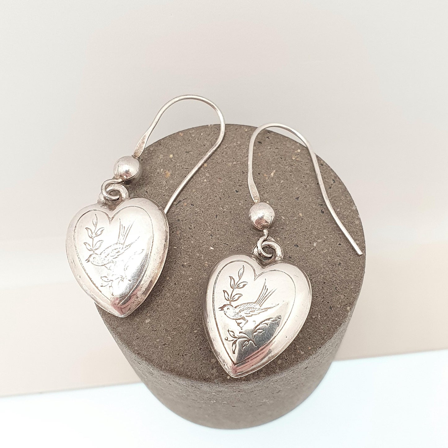 Antique Victorian Solid Silver Heart Bird Earrings Engraved Songbird Hook Dangle Womens Ladies Jewelry Vintage Jewellery