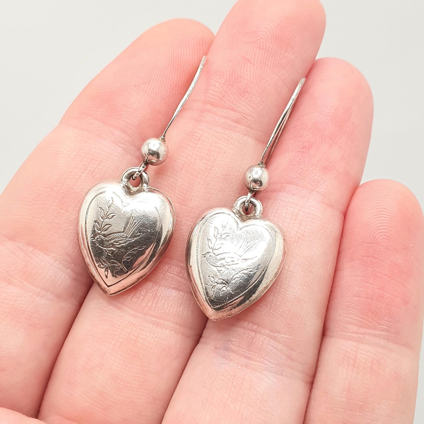 Antique Victorian Solid Silver Heart Bird Earrings Engraved Songbird Hook Dangle Womens Ladies Jewelry Vintage Jewellery