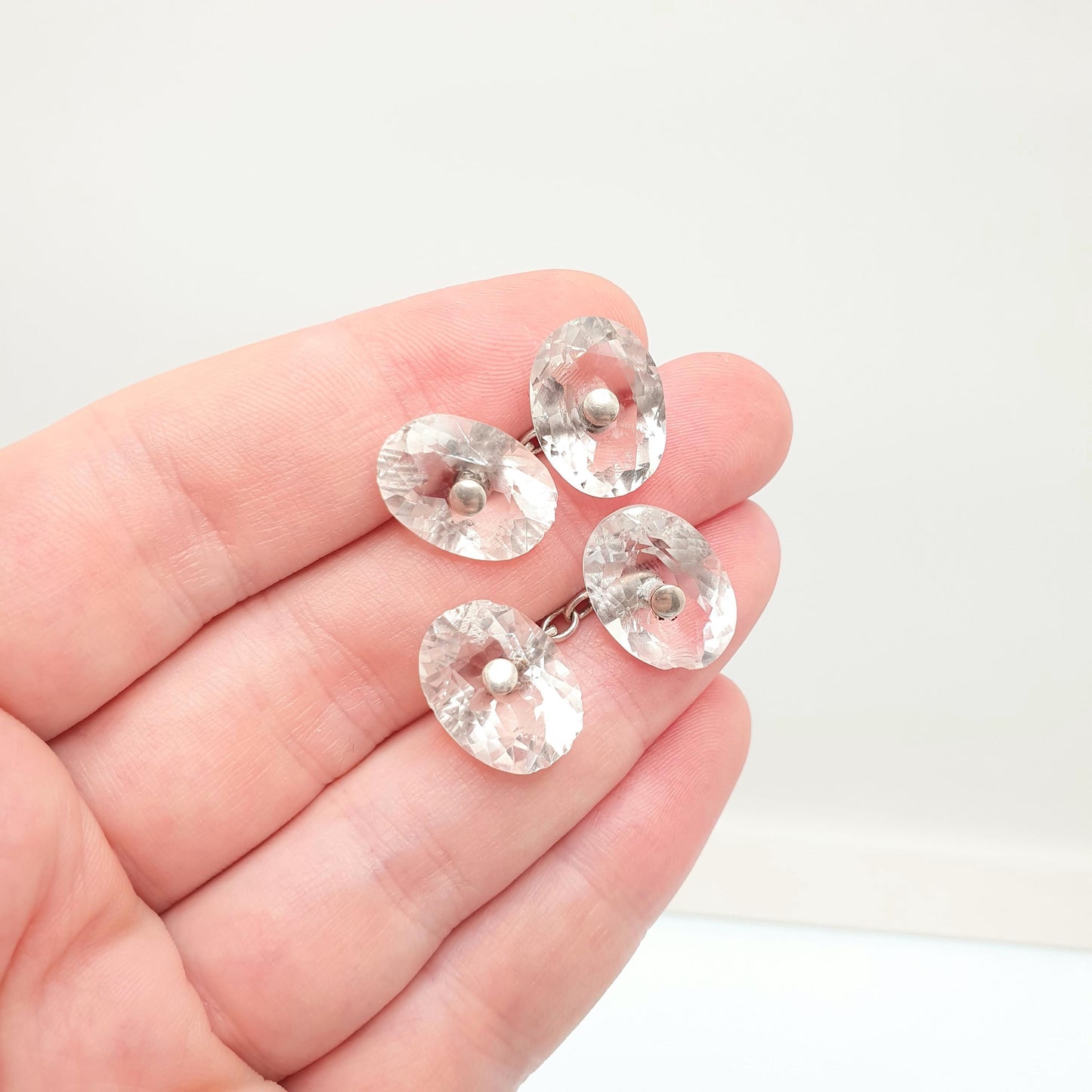 Antique Rock Crystal Quartz Cuff Links Solid Silver Victorian Cufflinks Genuine Gemstone Oval Cut Gents Mens Vintage Jewelry Jewellery