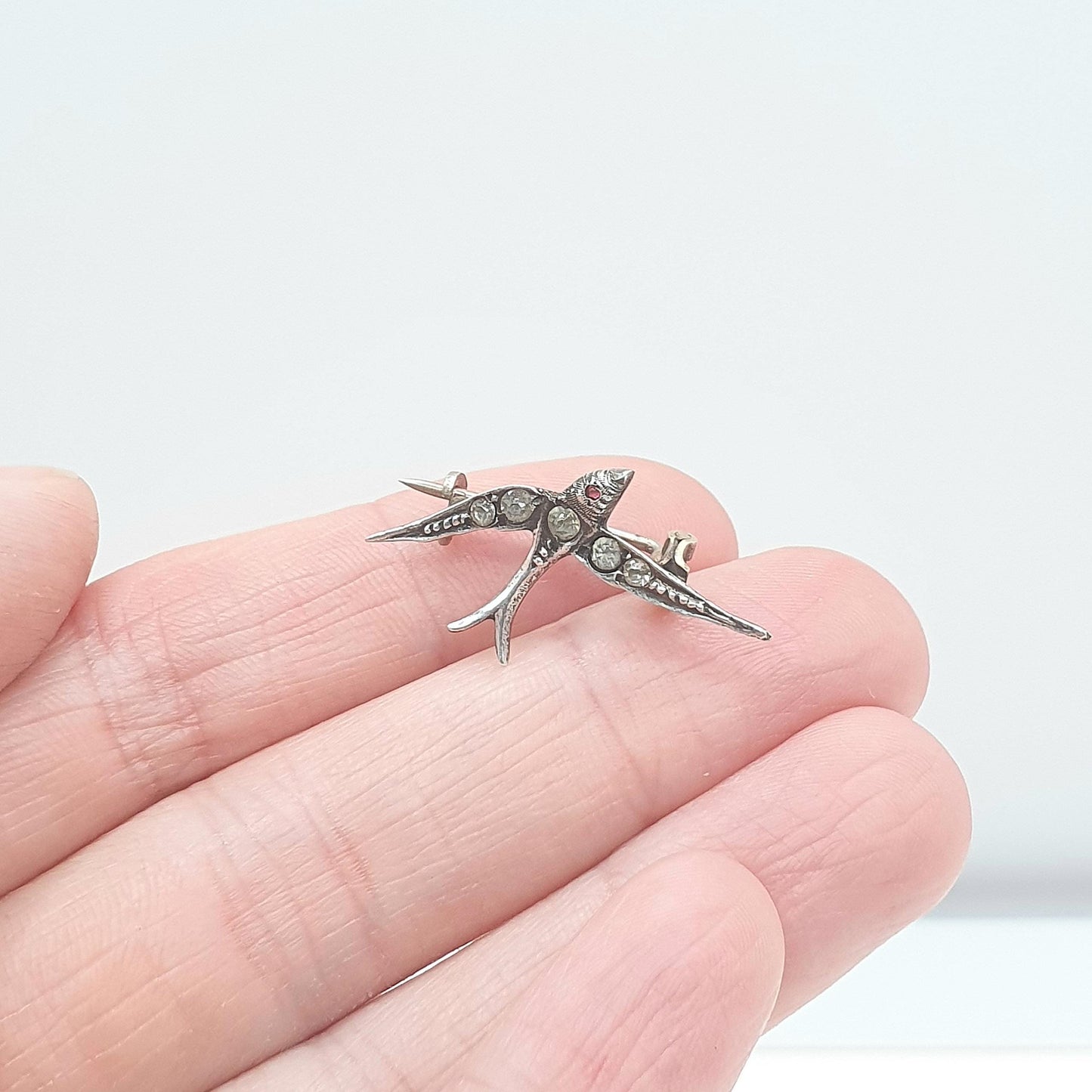 Antique Victorian Solid Silver Diamond Paste Bird Brooch Swallow Sweet Songbird Small Cute Womens Jewelry Jewellery