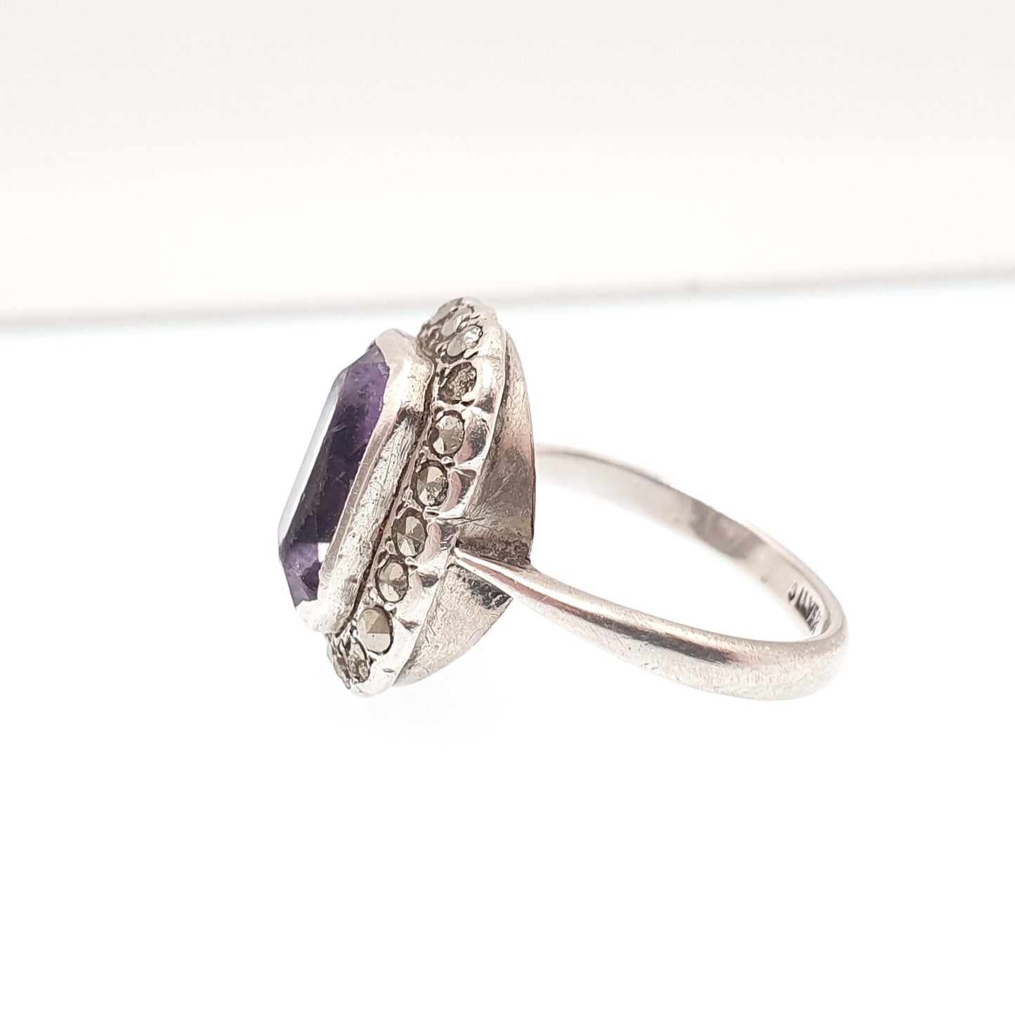 Antique Art Deco Amethyst Sterling Silver Ring 1920s Vintage Signet Rectangular Cut Halo Cluster Gemstone Womens Jewelry Vintage Jewellery