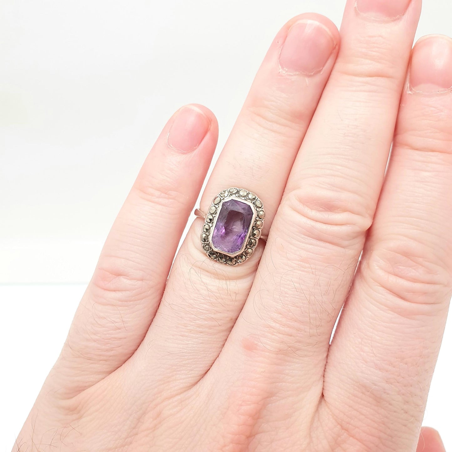 Antique Art Deco Amethyst Sterling Silver Ring 1920s Vintage Signet Rectangular Cut Halo Cluster Gemstone Womens Jewelry Vintage Jewellery