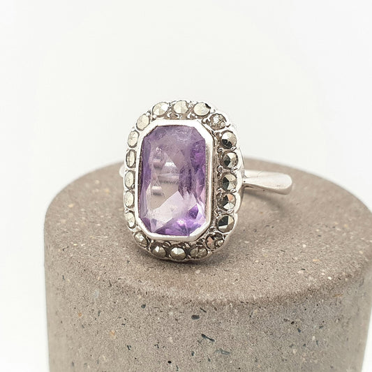 Antique Art Deco Amethyst Sterling Silver Ring 1920s Vintage Signet Rectangular Cut Halo Cluster Gemstone Womens Jewelry Vintage Jewellery